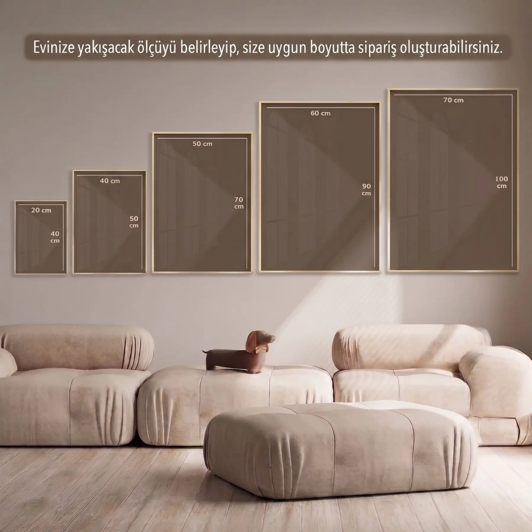 Tekli Siyah Metal Çerçeveli Temperli Cam Baskılı Duvar Tablo — Bej Dallı