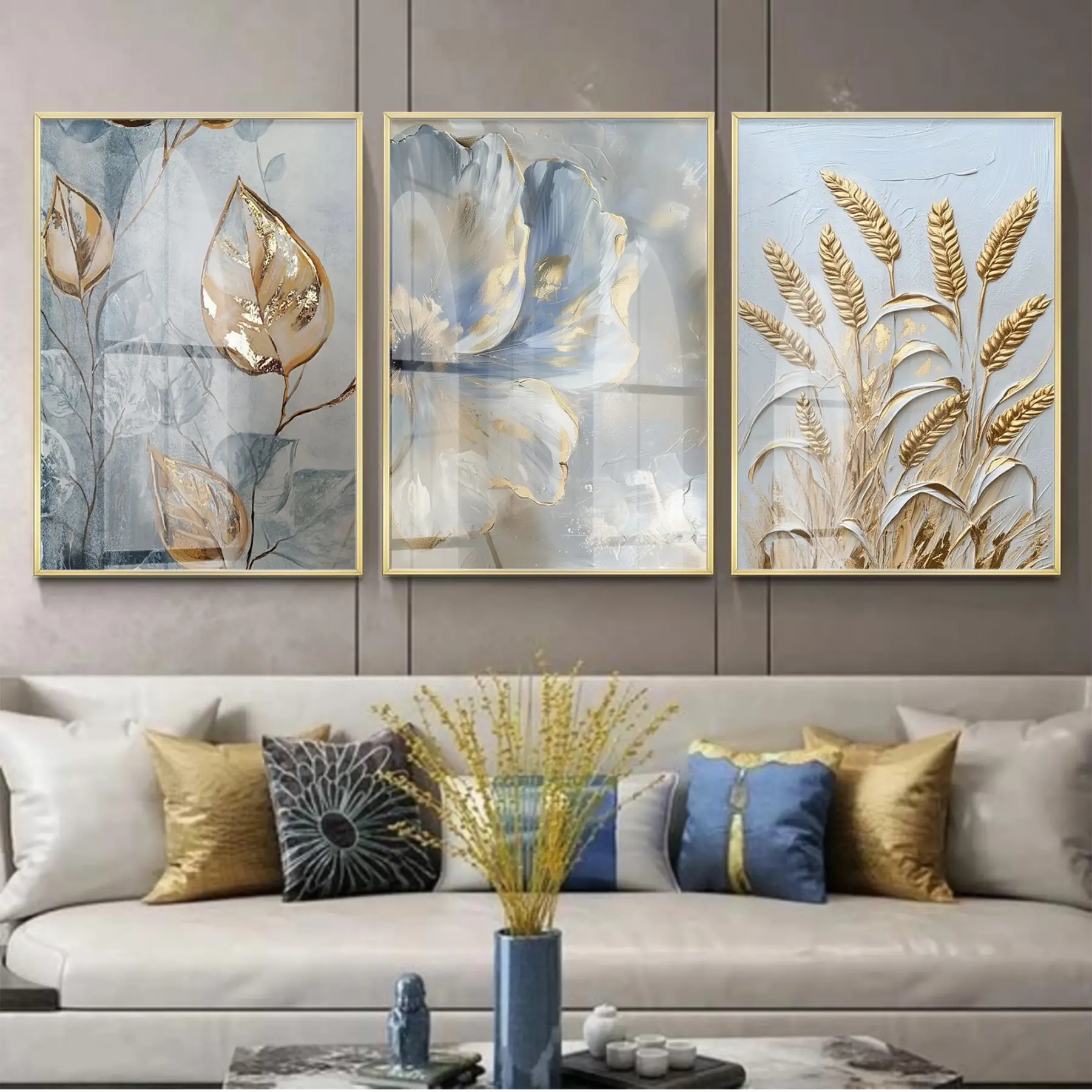 Bohem Çiçek Desenli Gold Detaylı Gold Metal Çerçeveli Cam Tablo