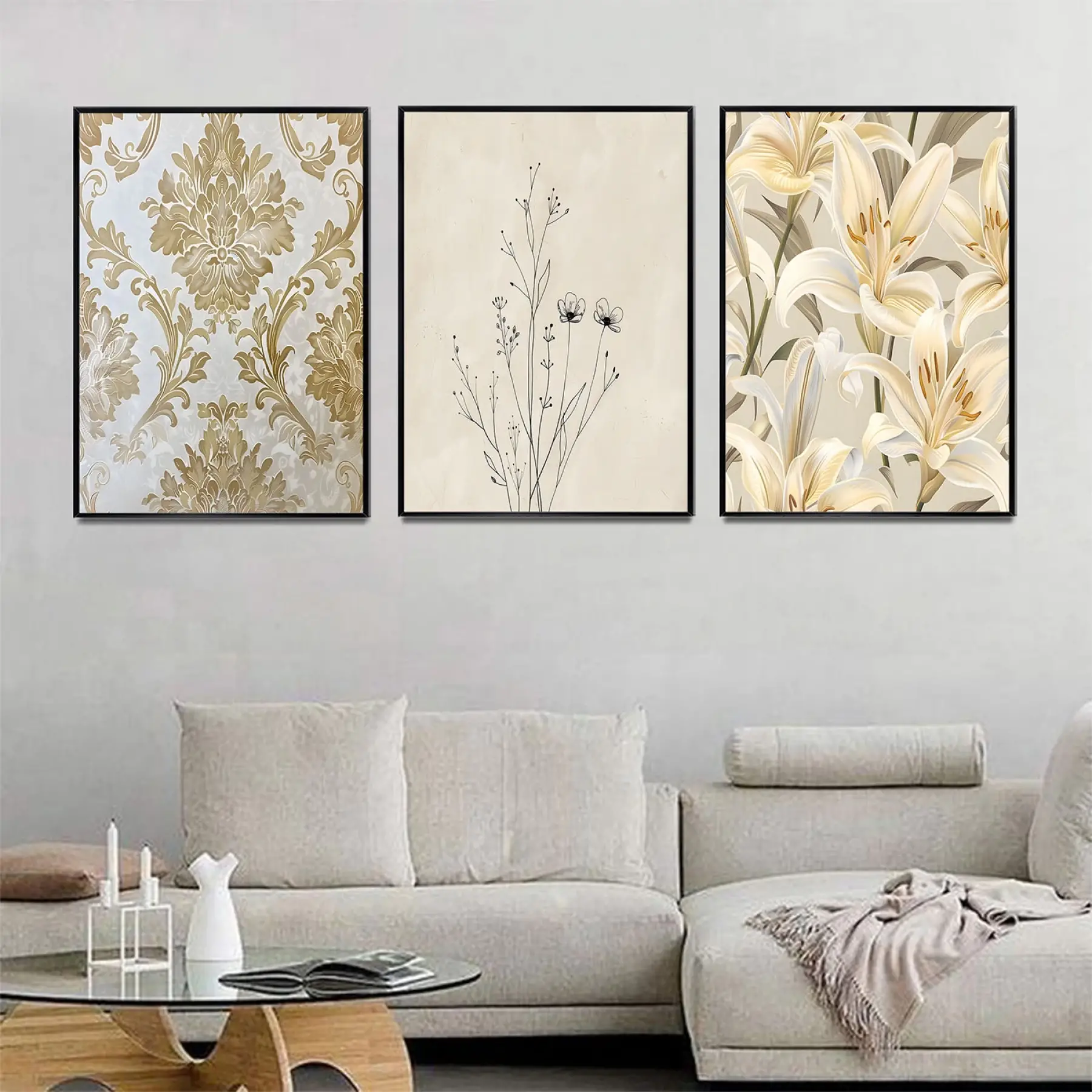 Bohem Çiçekler Detaylı Üçlü Metal Çerçeveli Tablo Seti