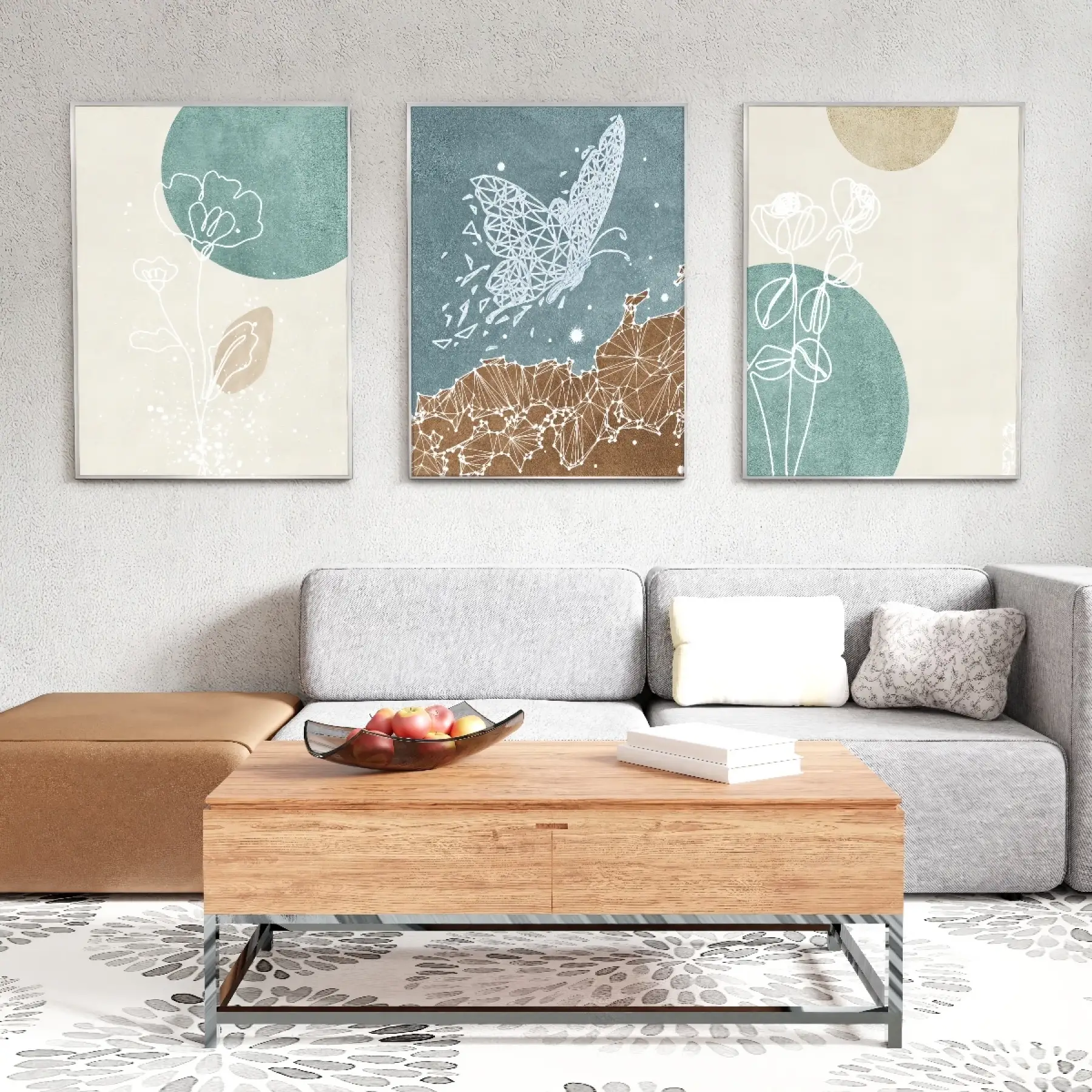 Bohem Mavi Yeşil Soyut Metal Çerçeveli Tablo Seti