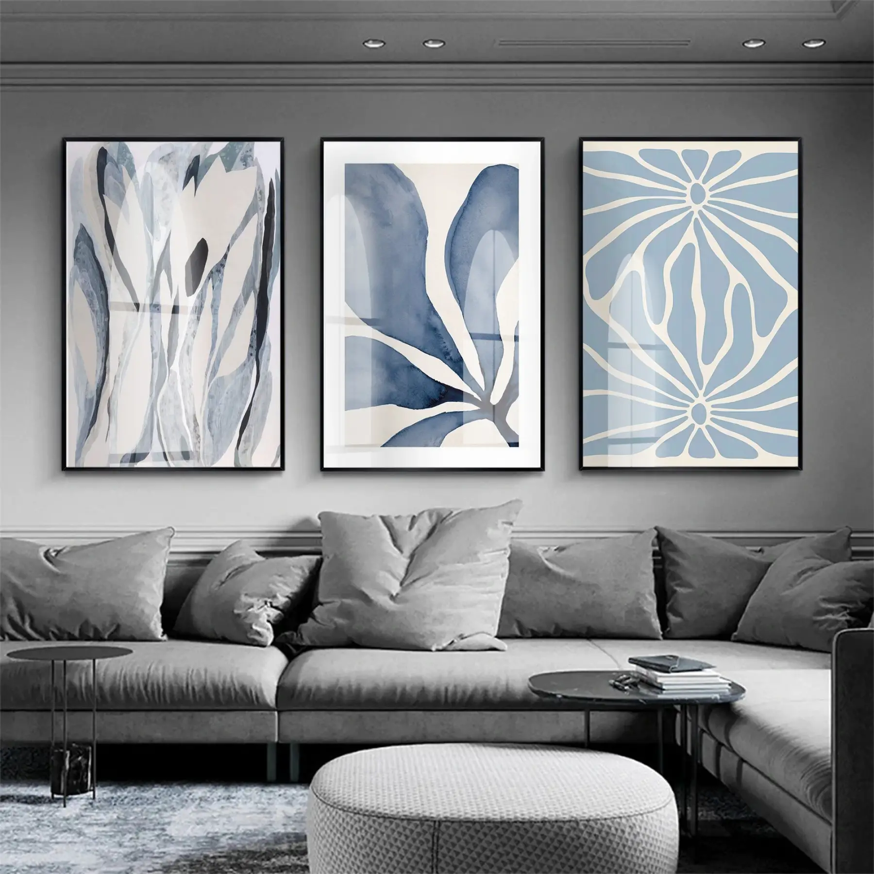 Bohem Tasarım Mavi Desenli Siyah Metal Çerçeveli Cam Tablo