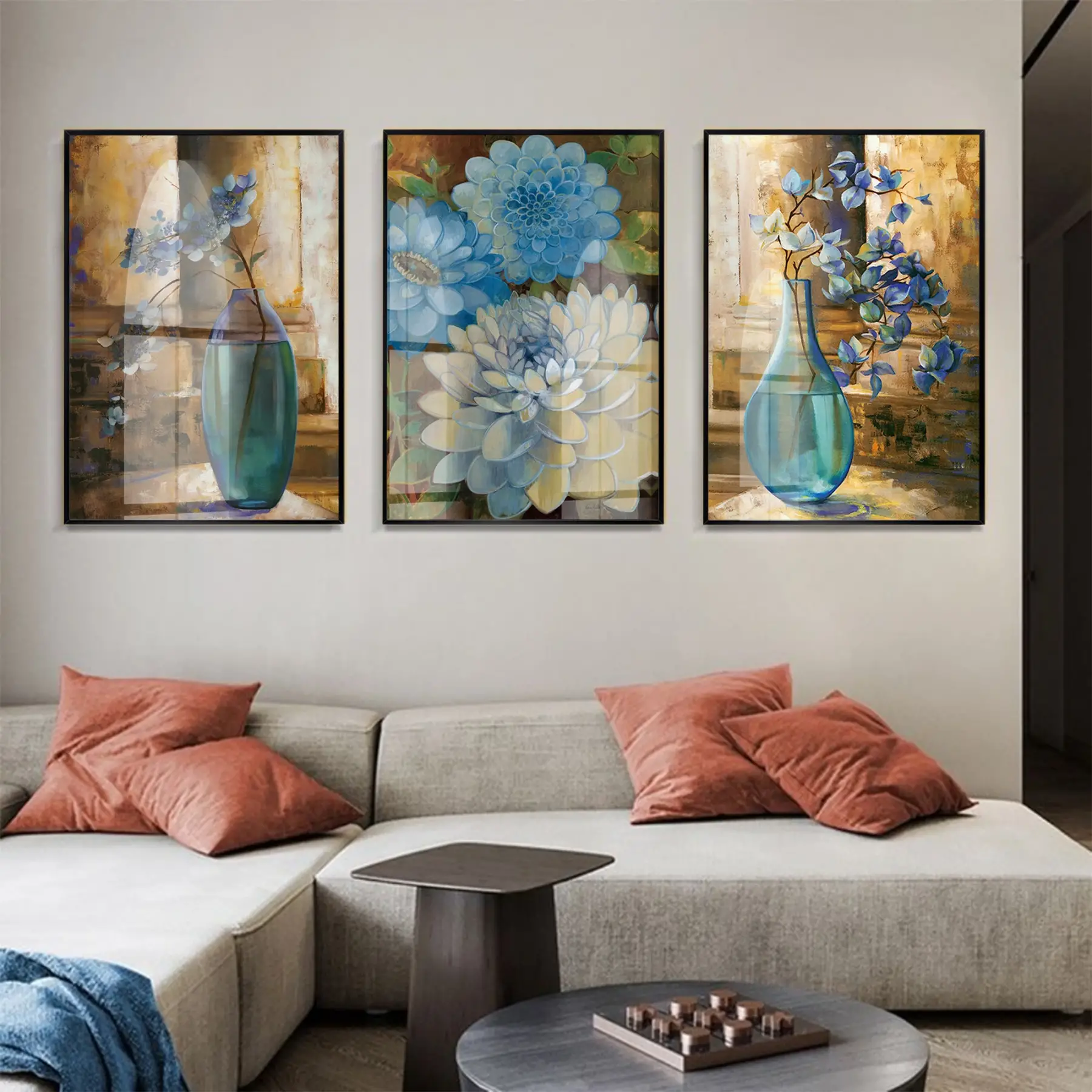 Çiçek Desenli Mavi Renk Detaylı Siyah Metal Çerçeveli Cam Tablo