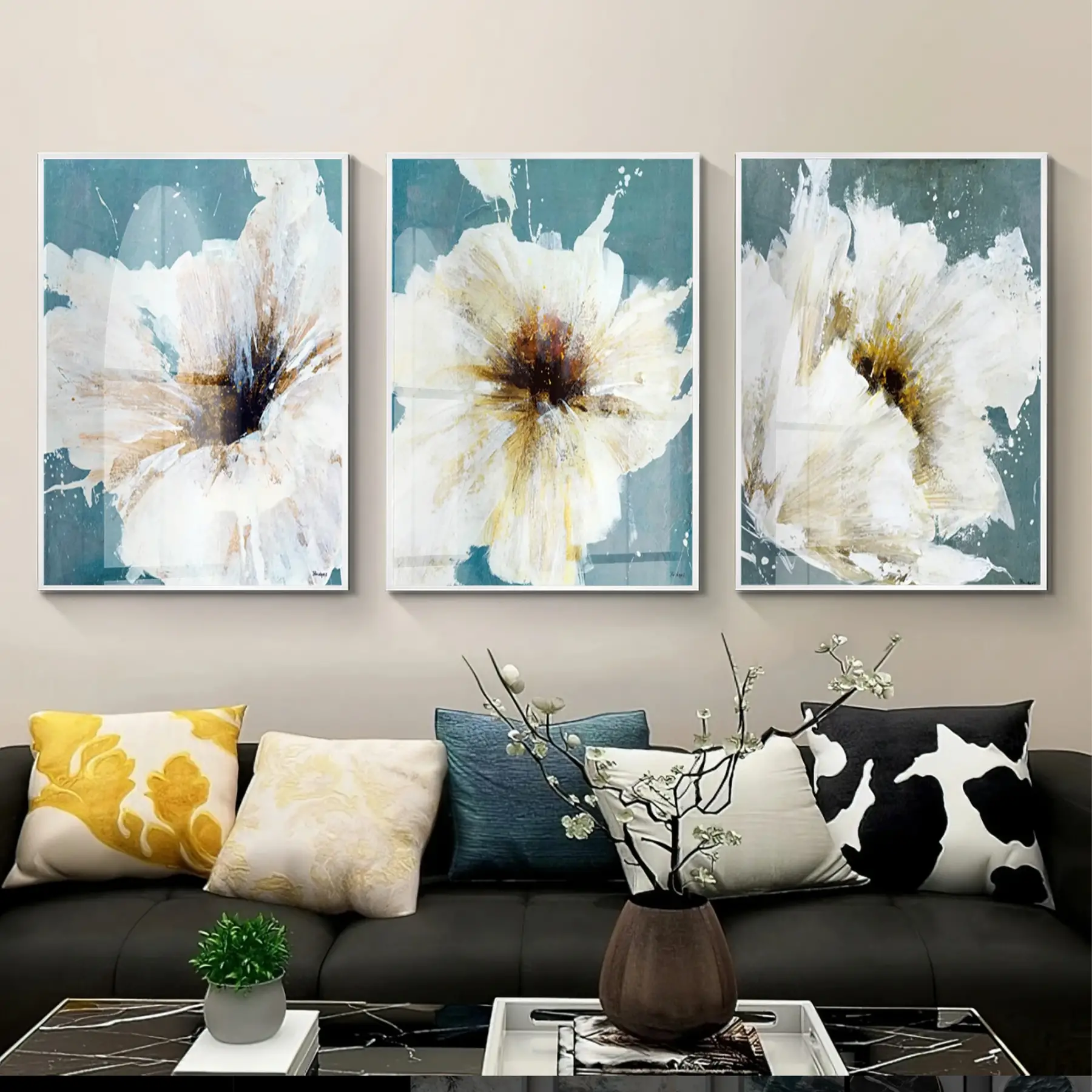 Çiçek Desenli Su Yeşili Renkli Beyaz Metal Çerçeveli Cam Tablo