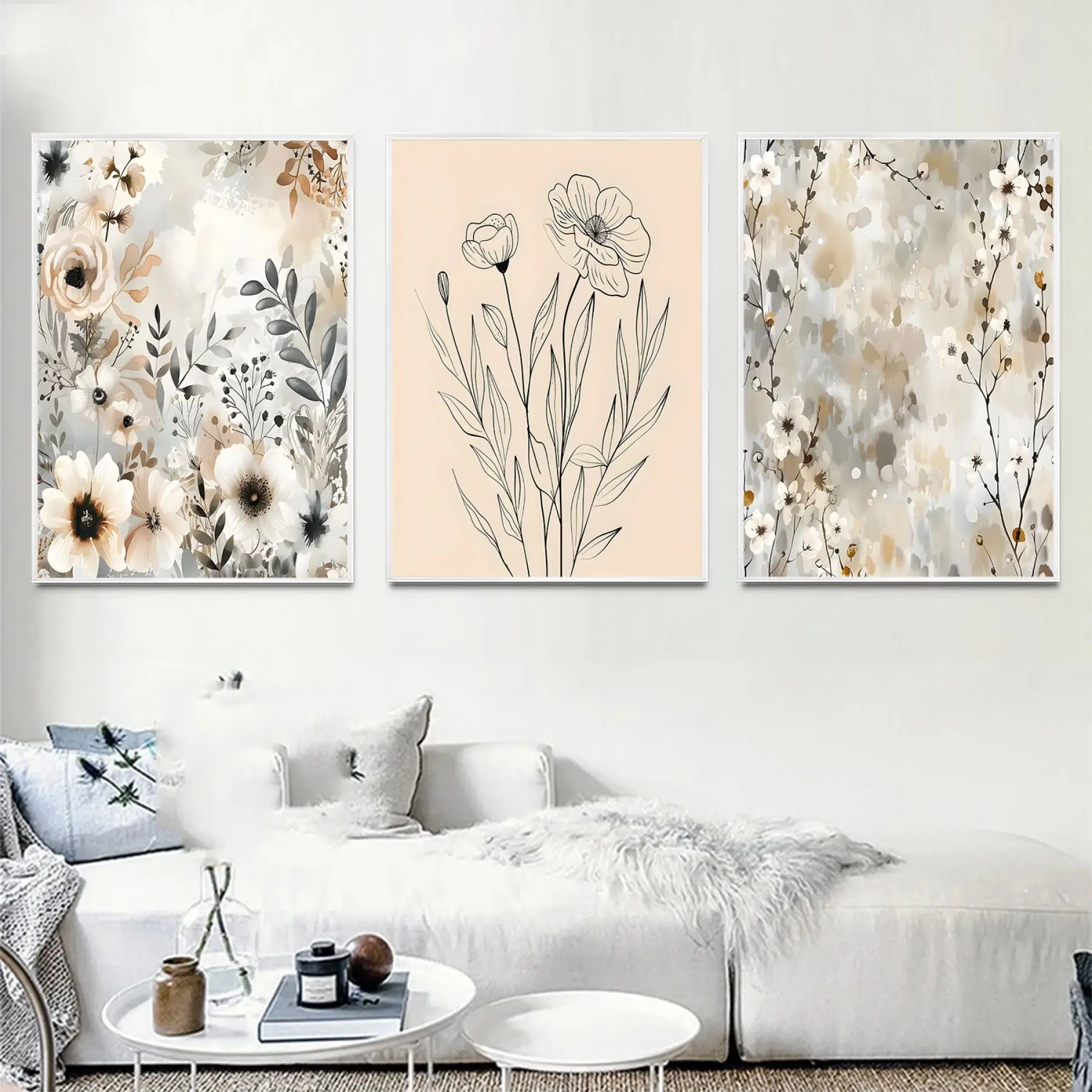 Çiçek Detaylı Üçlü Metal Çerçeveli Tablo Seti