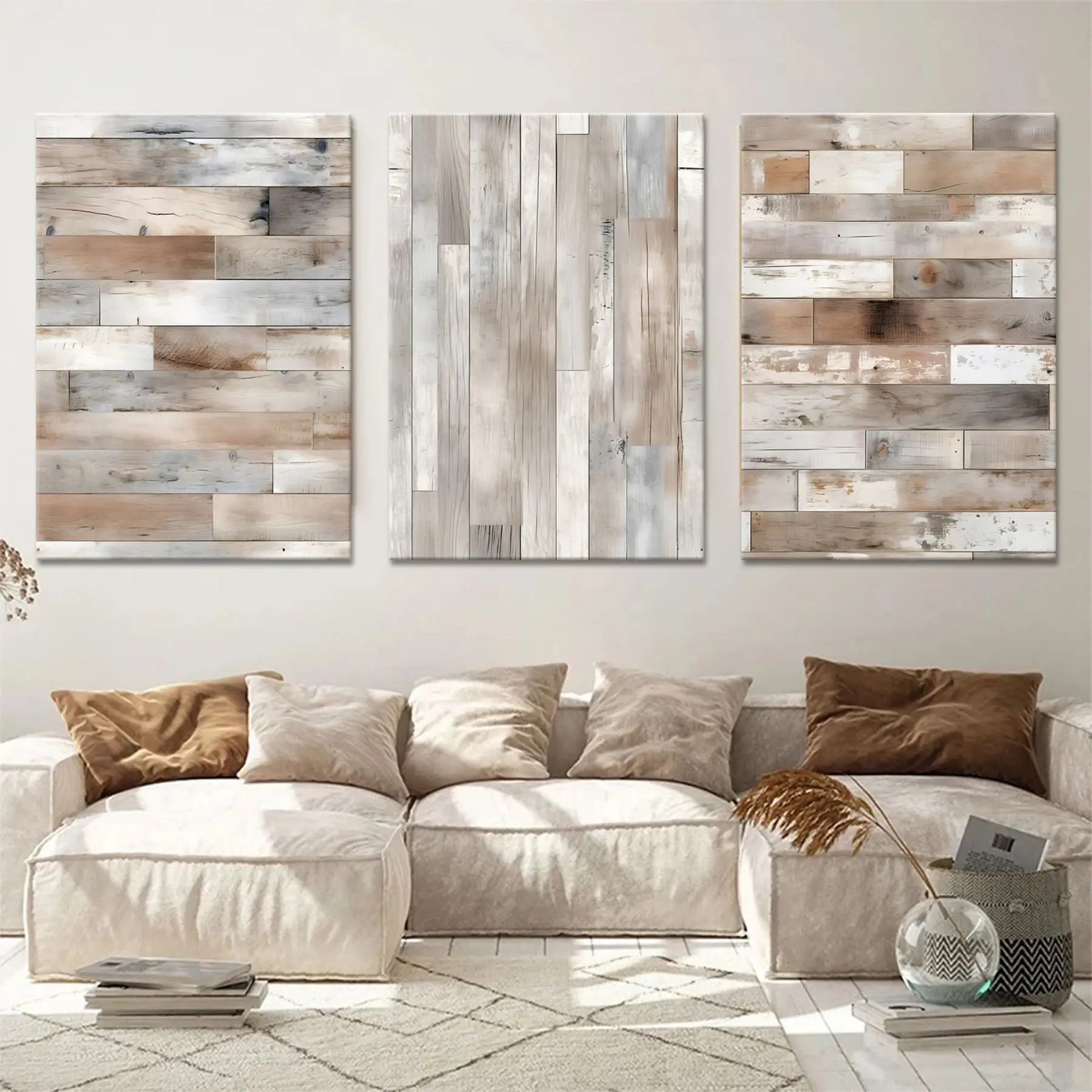 Duvar Tuğlası Desenli Üçlü Kanvas Tablo Seti