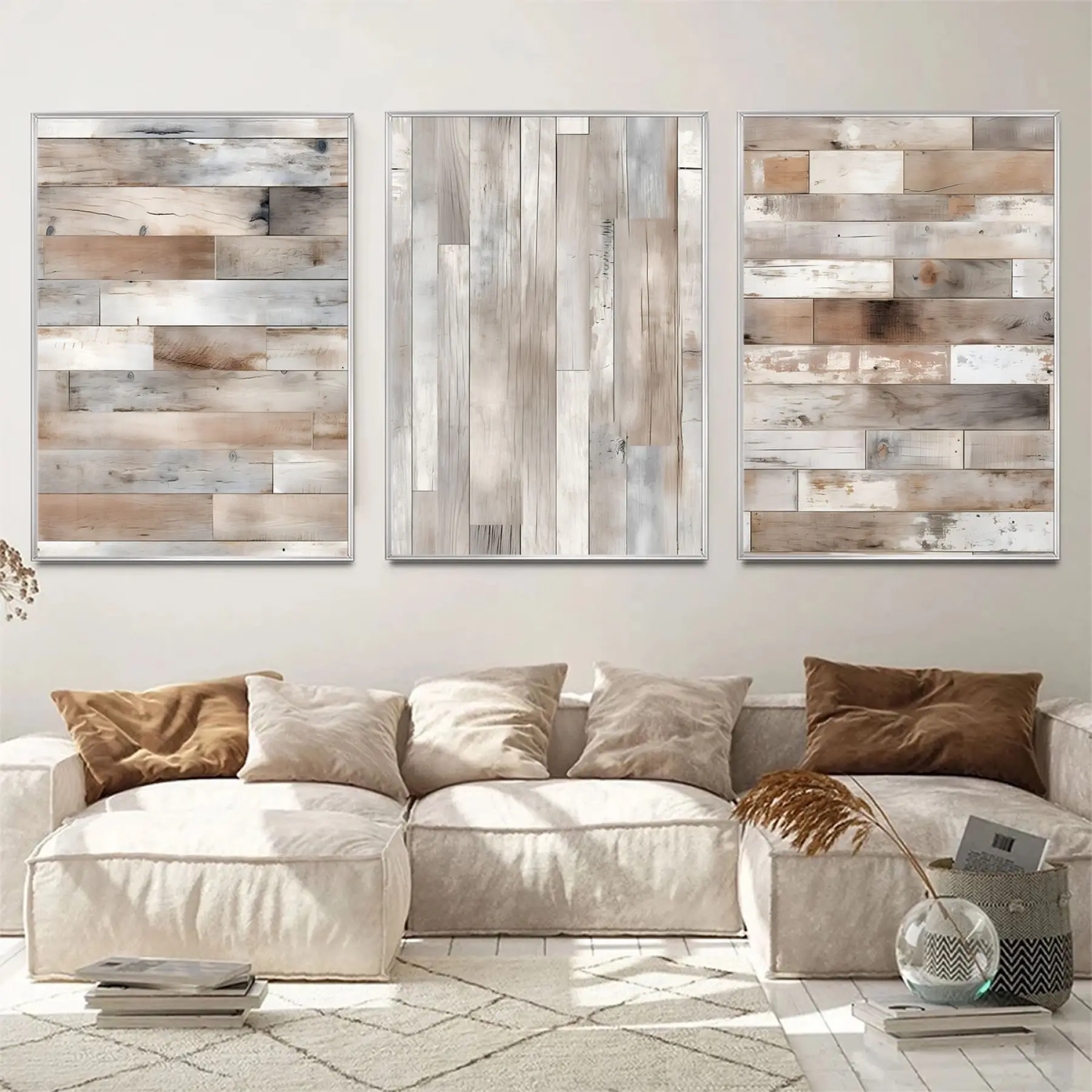 Duvar Tuğlası Desenli Üçlü Metal Çerçeveli Tablo Seti