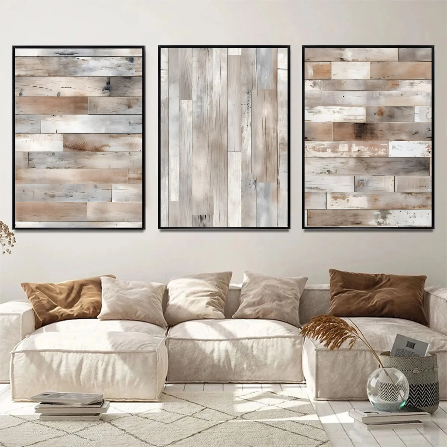 Duvar Tuğlası Desenli Üçlü Metal Çerçeveli Tablo Seti