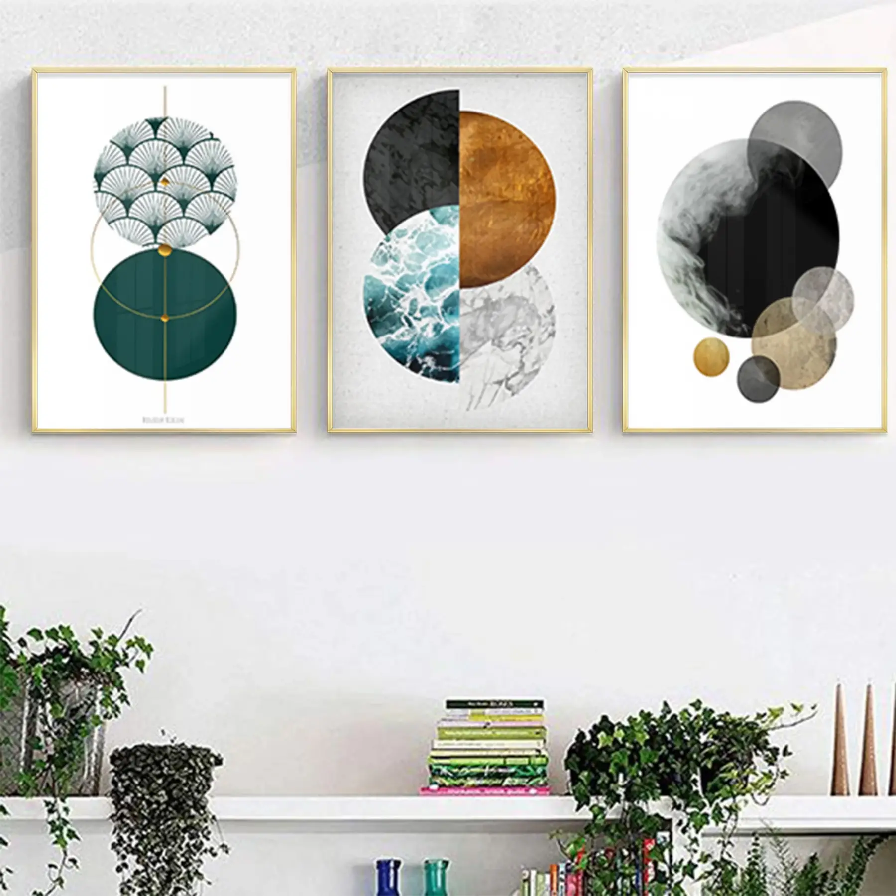 Geometrik Tasarım Metal Çerçeveli Tablo Seti Altın