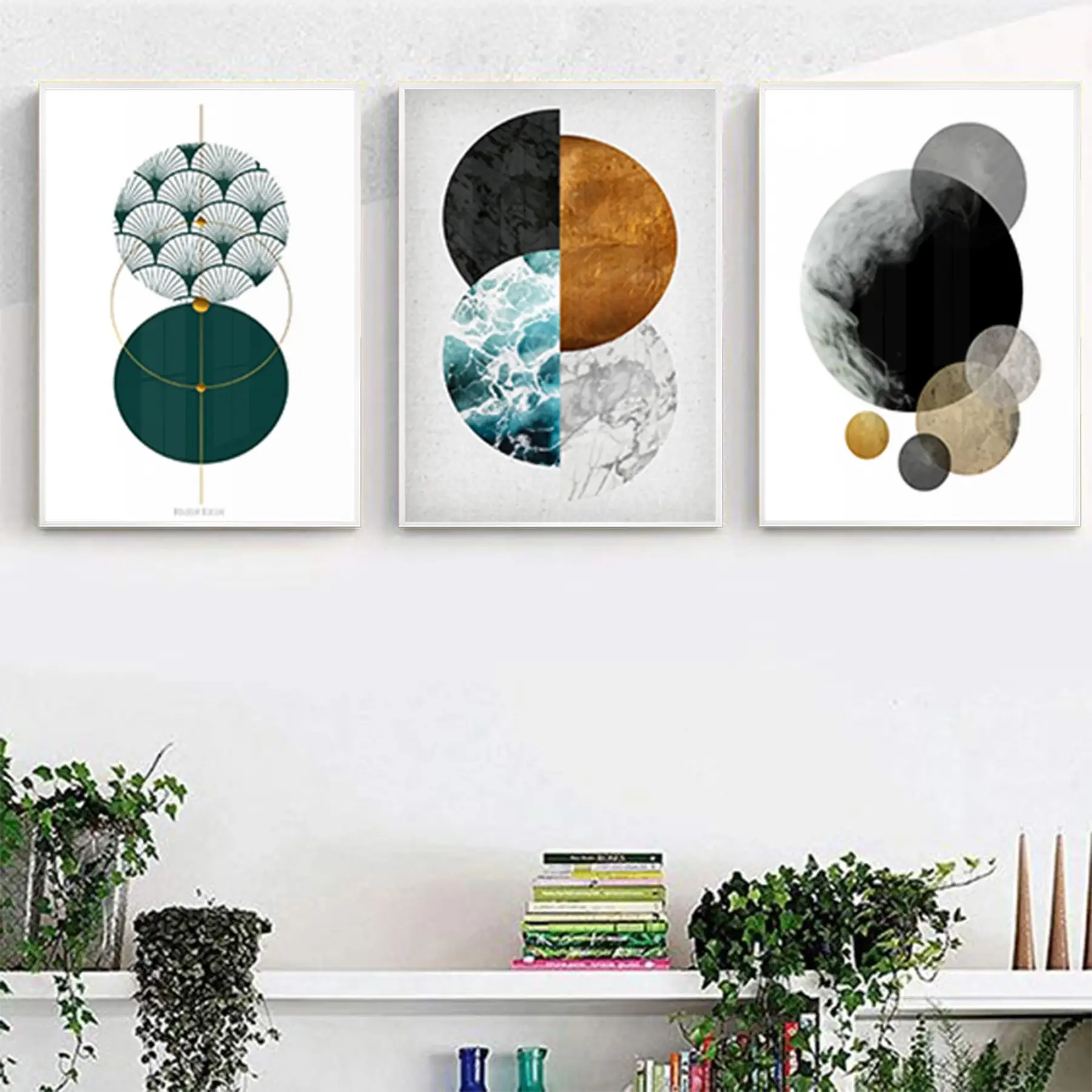 Geometrik Tasarım Metal Çerçeveli Tablo Seti Beyaz