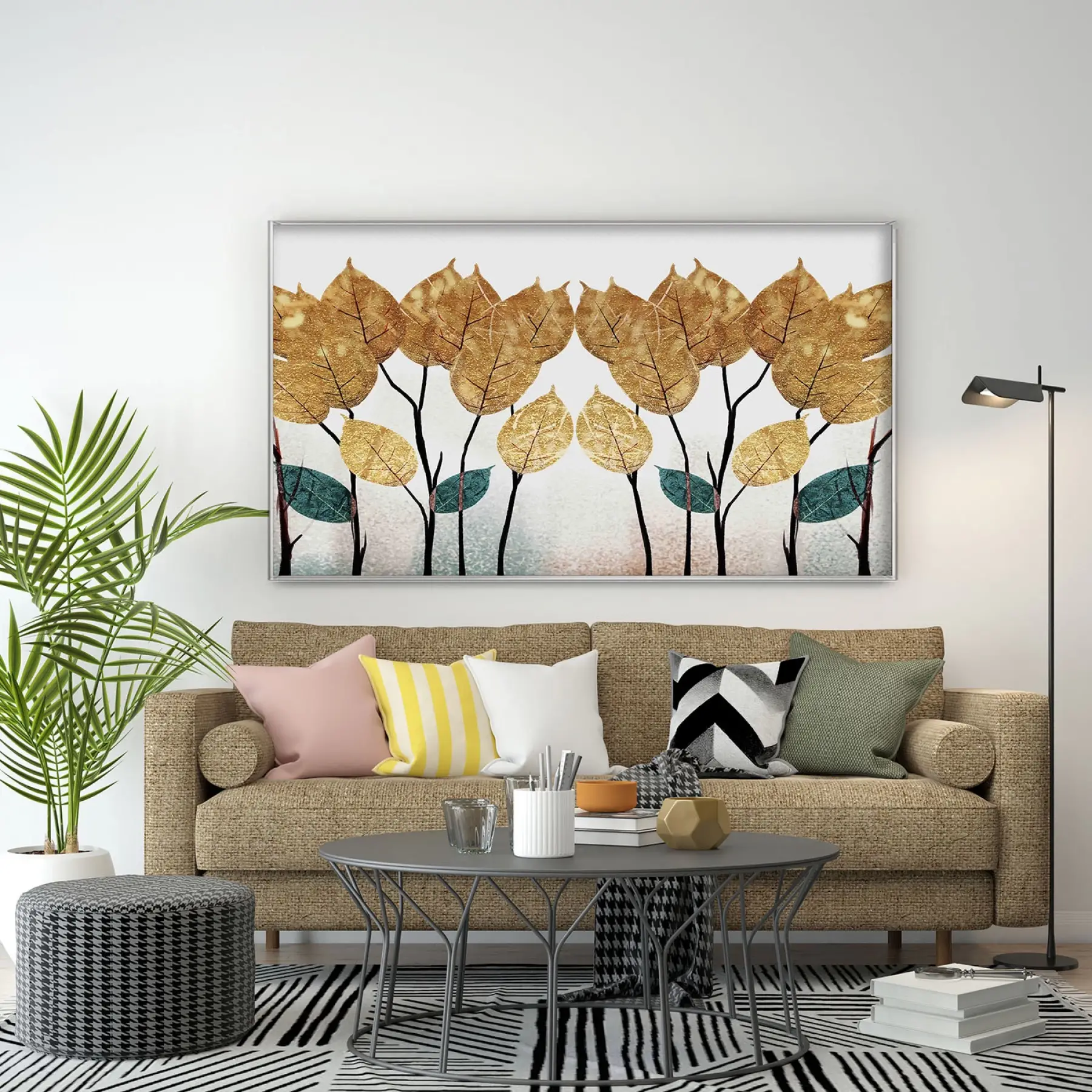 Gold Çiçekler Temalı Tekli Metal Çerçeveli Yatay Tablo