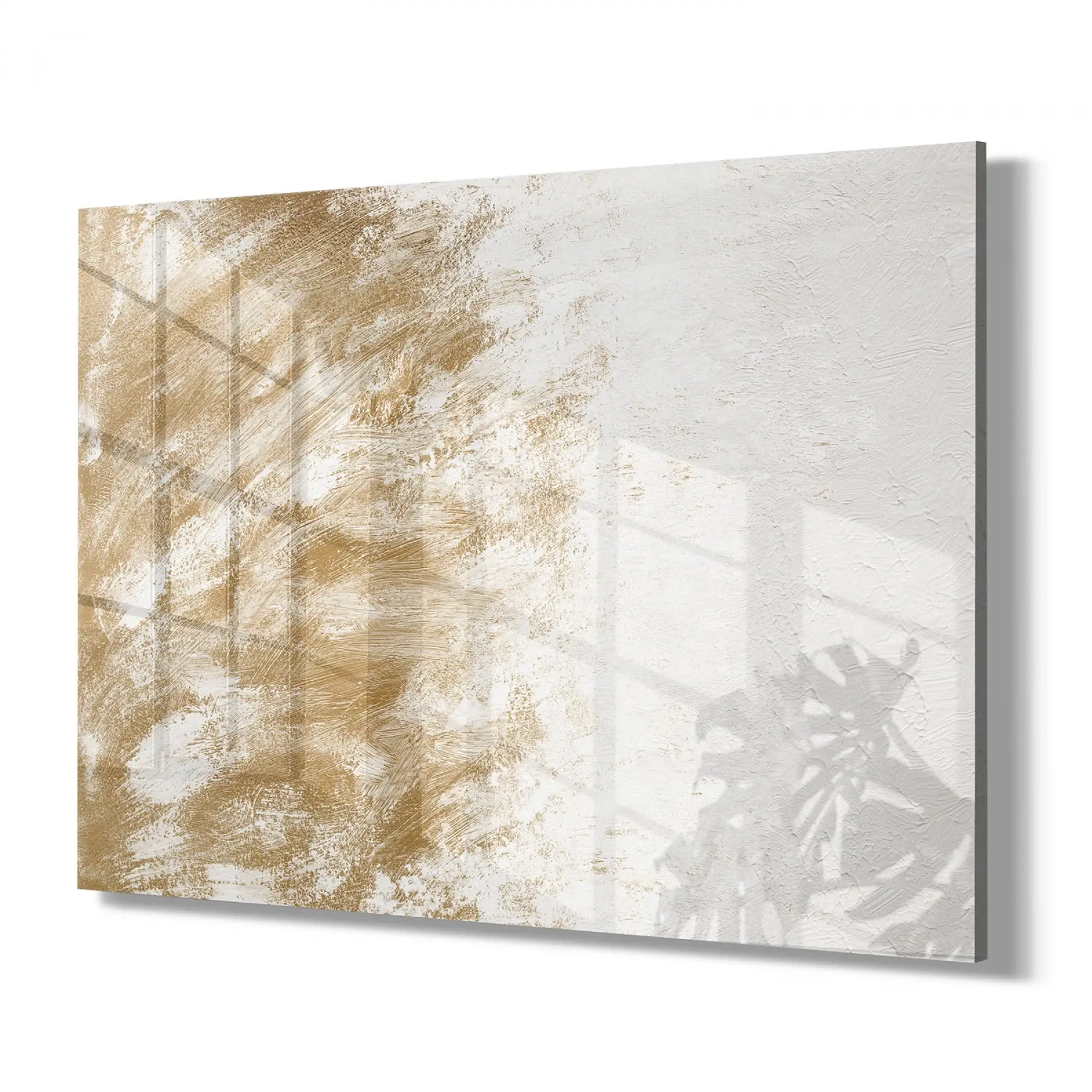 Gold ve Beyaz Fırça Desenli Tekli Yatay Cam Tablo