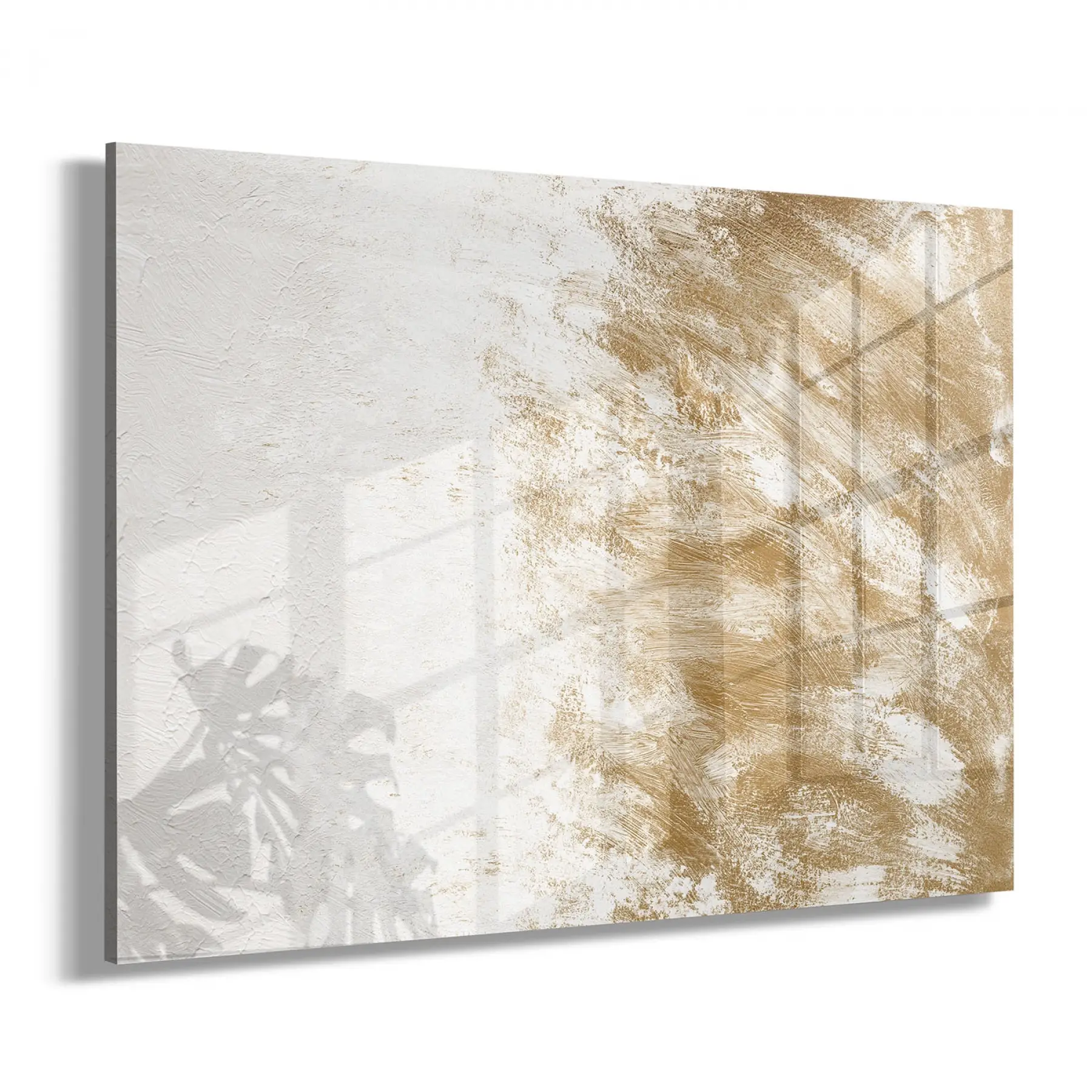 Gold ve Beyaz Fırça Desenli Tekli Yatay Cam Tablo