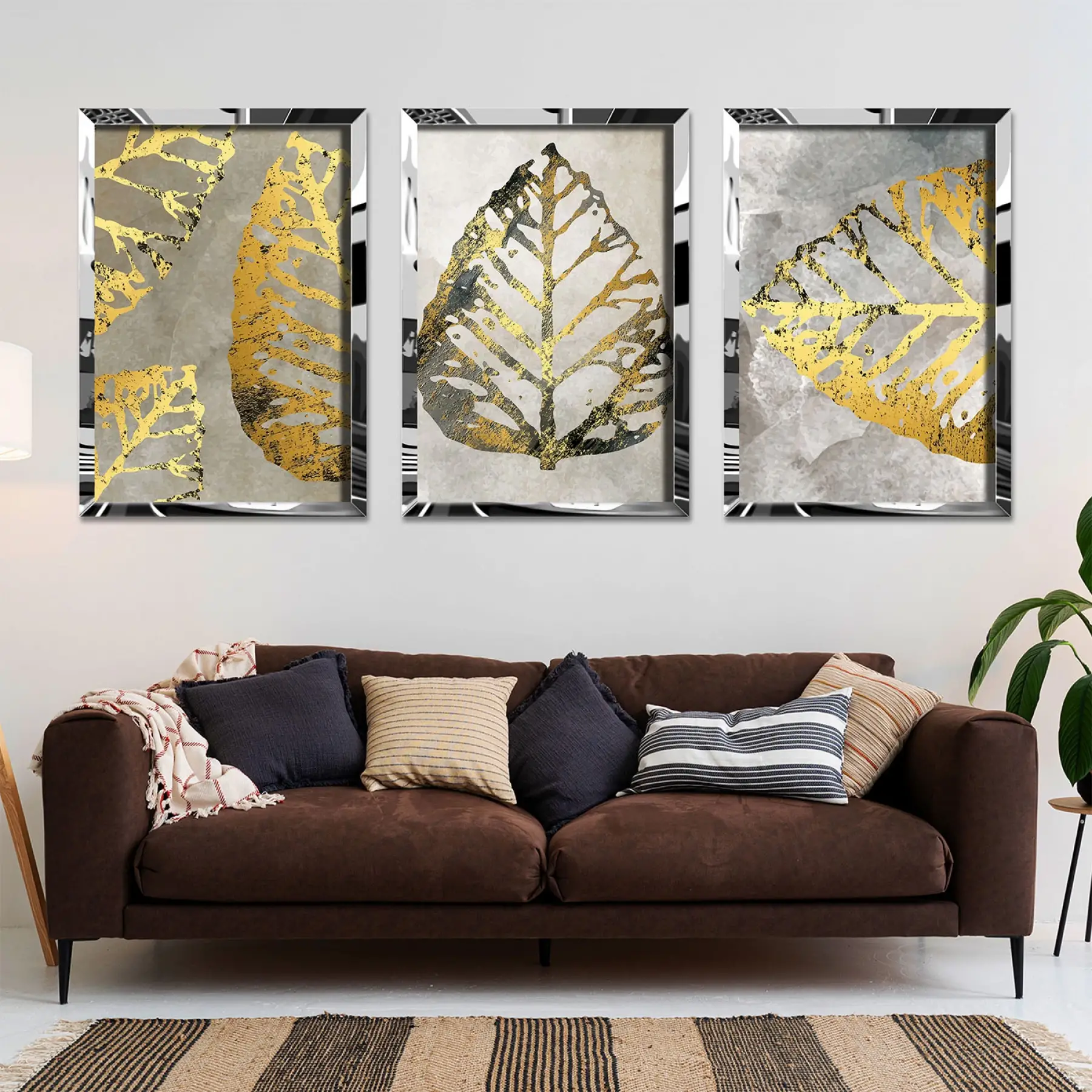 Gold Yaprak Desenli Pleksi Tablo Seti