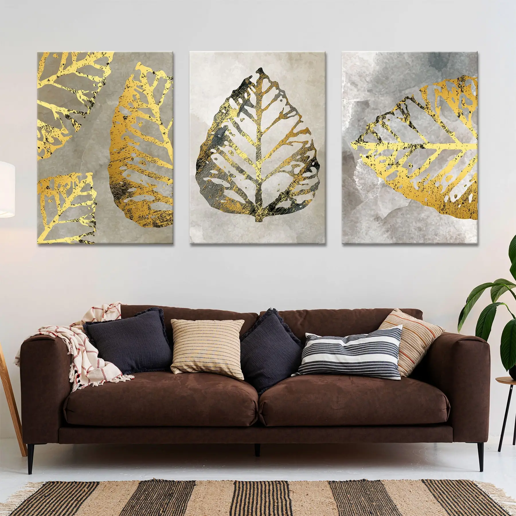 Gold Yaprak Desenli Üçlü Kanvas Tablo Seti