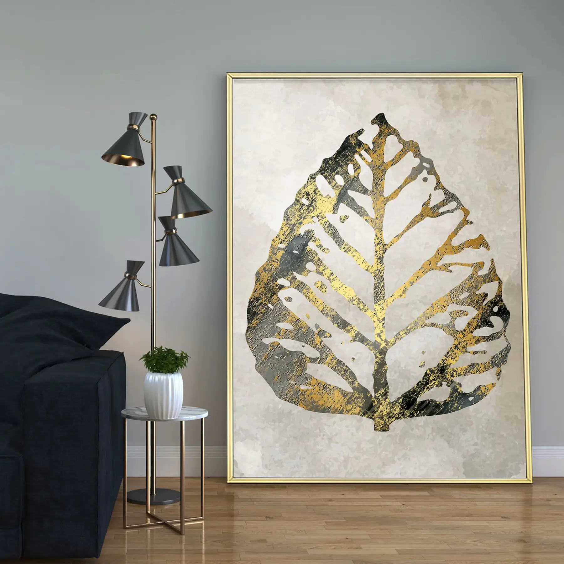 Gold Yaprak Detaylı Tekli Metal Çerçeveli Tablo