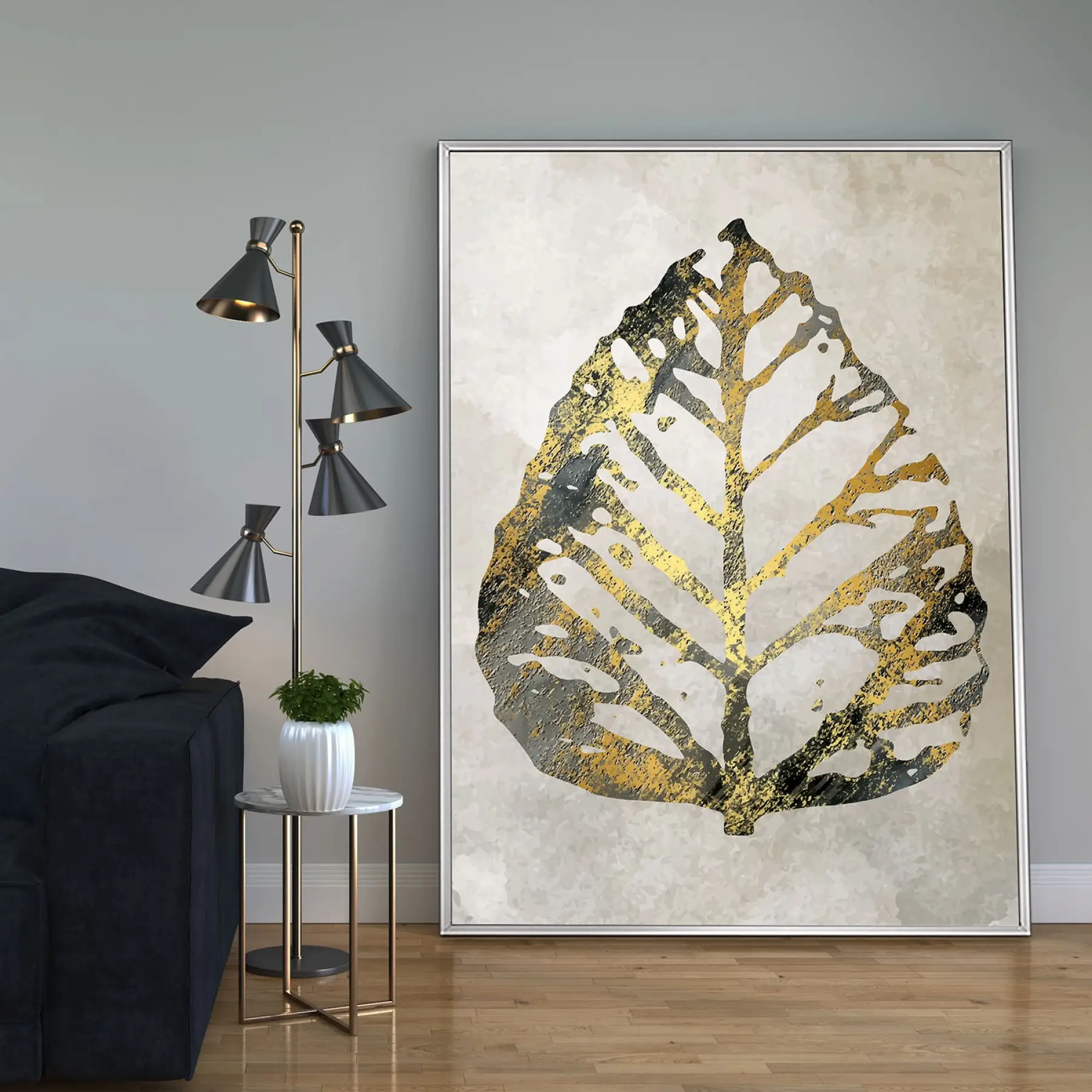 Gold Yaprak Detaylı Tekli Metal Çerçeveli Tablo