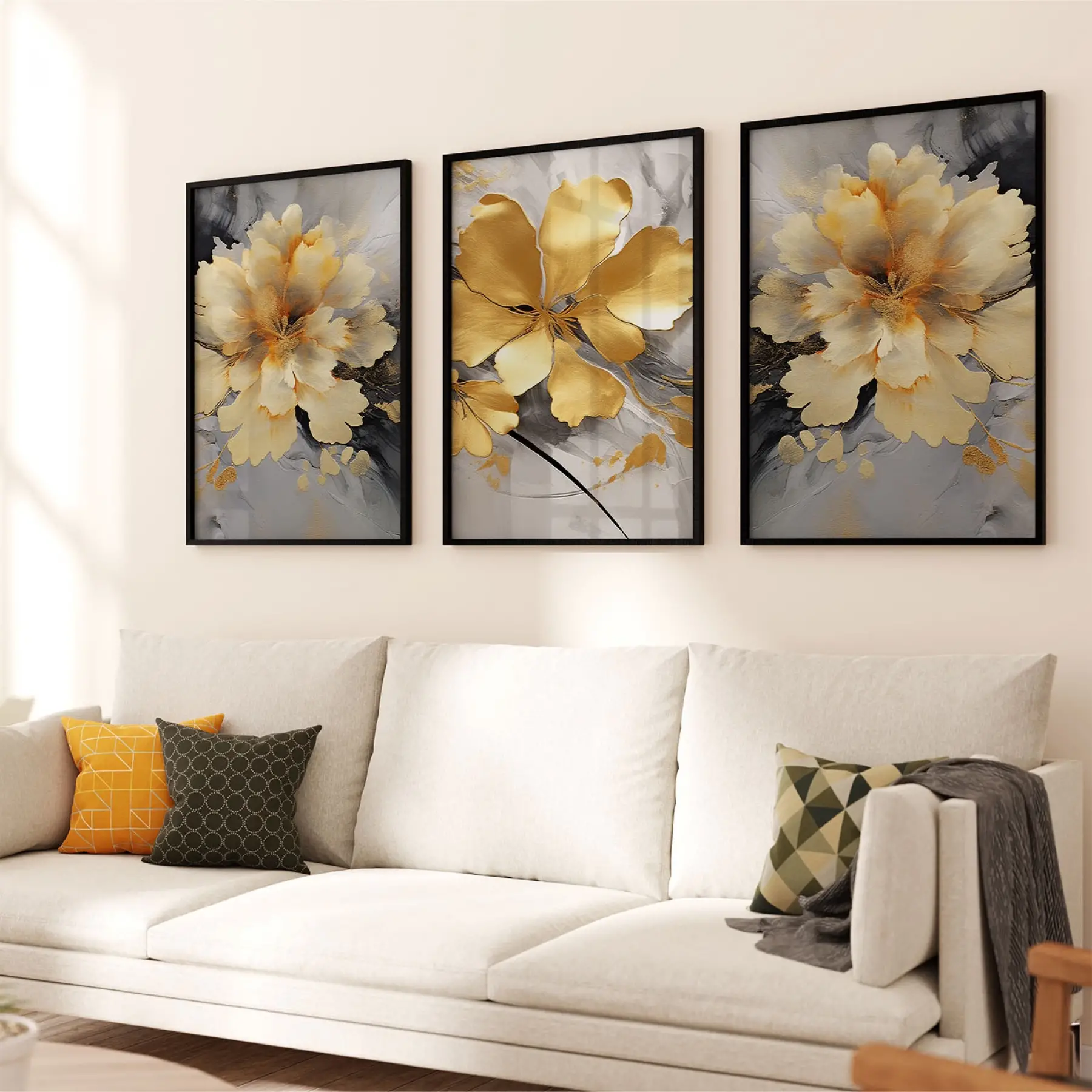 Gri ve Gold Çiçekler Tasarım Üçlü Metal Çerçeveli Tablo Seti
