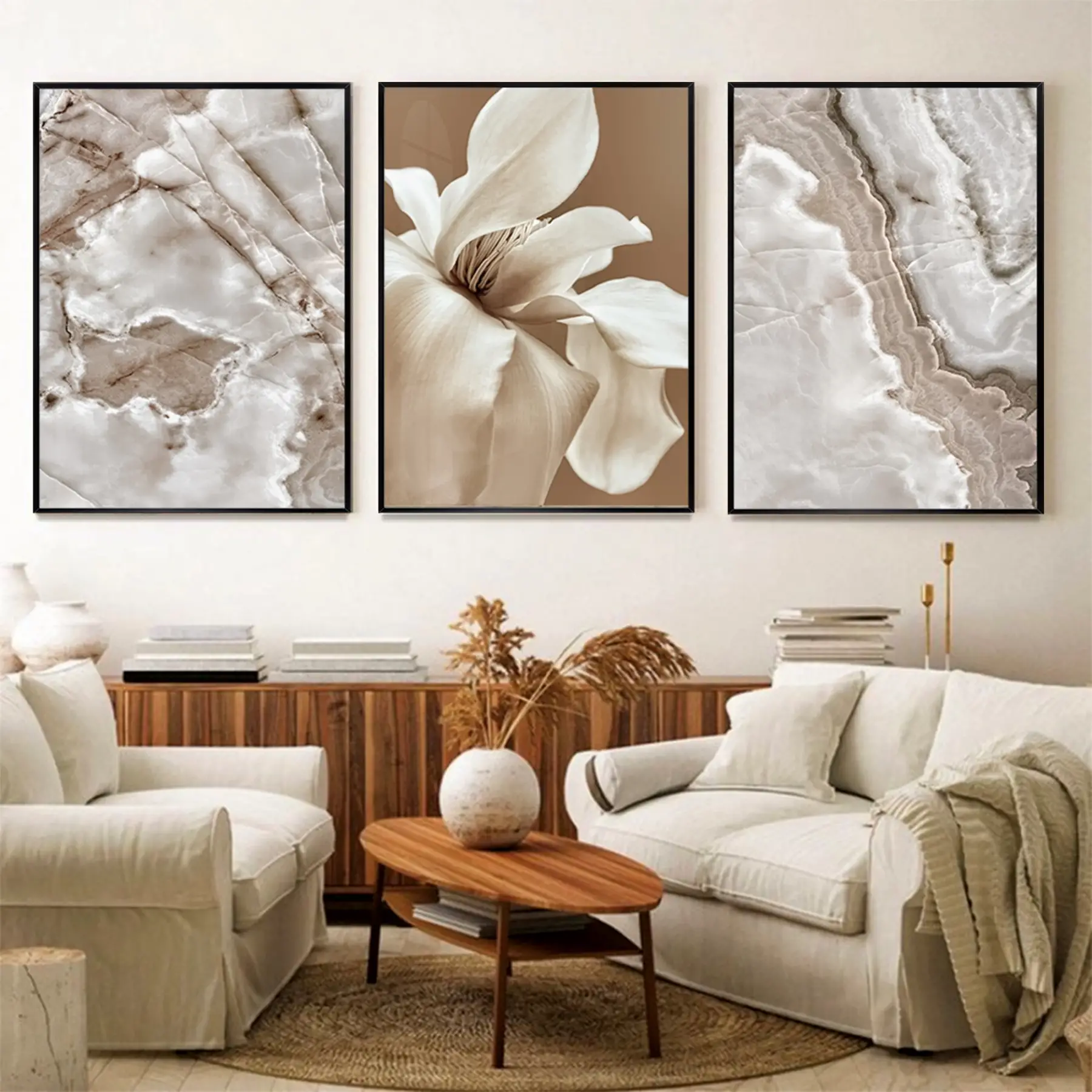 Kahve Tonları Çiçek Desenli Metal Çerçeveli Tablo Seti Siyah