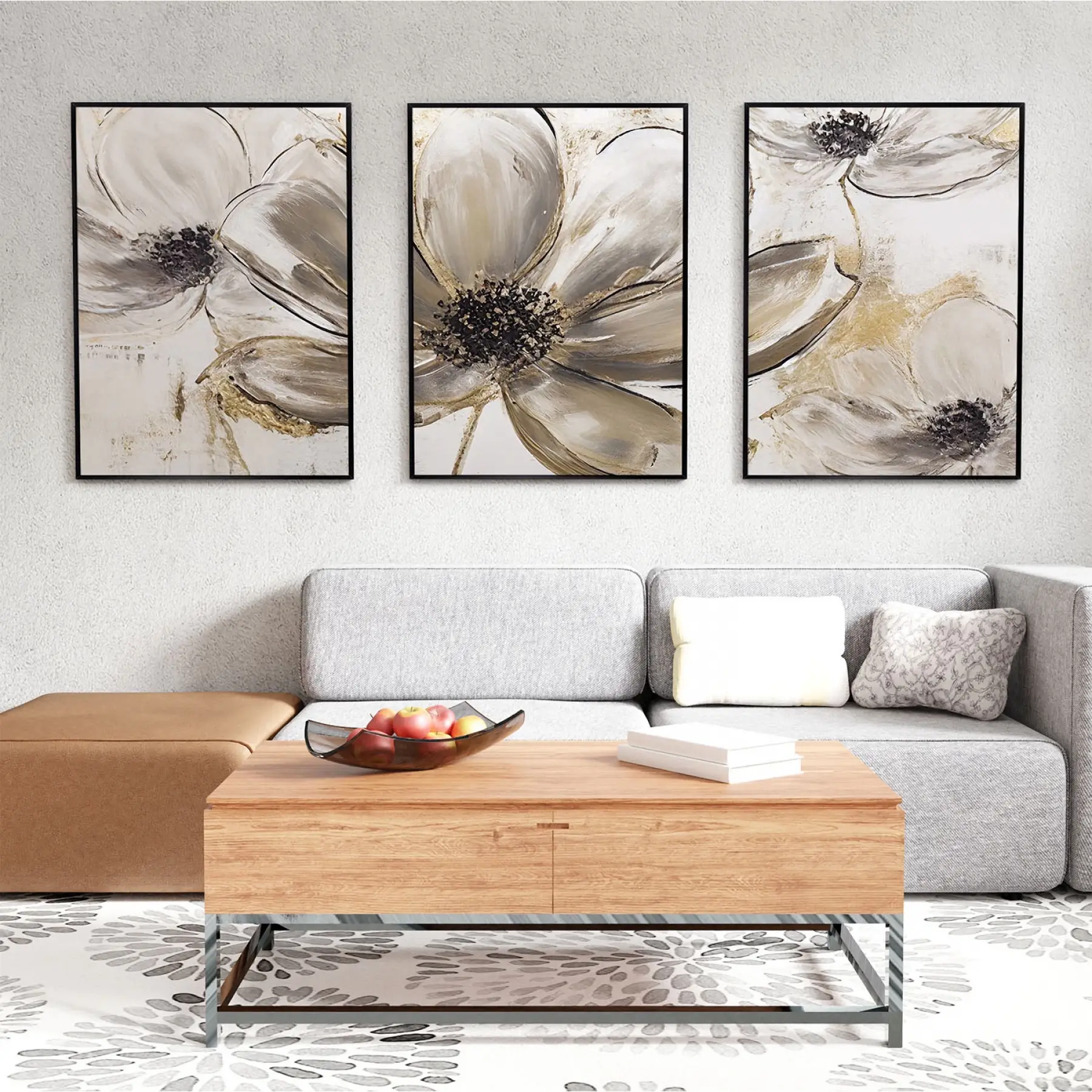 Kahverengi Çiçekler Desenli Üçlü Metal Çerçeveli Tablo Seti