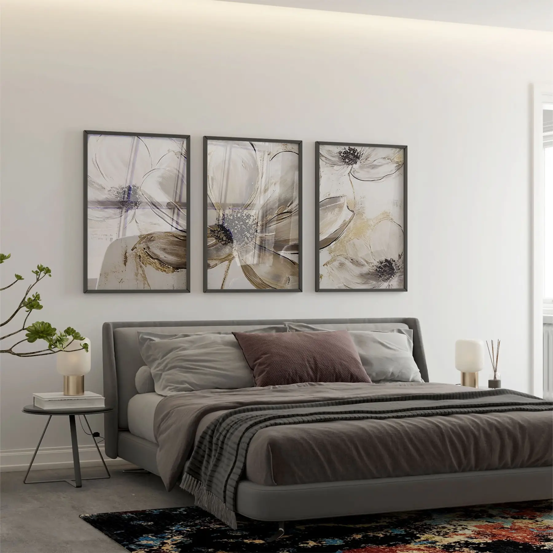 Kahverengi Çiçekler Desenli Üçlü Metal Çerçeveli Tablo Seti