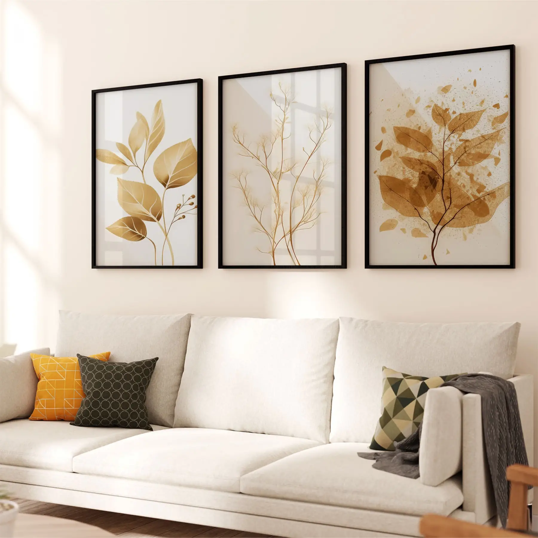 Kahverengi Dallar Temalı Üçlü Metal Çerçeveli Tablo Seti