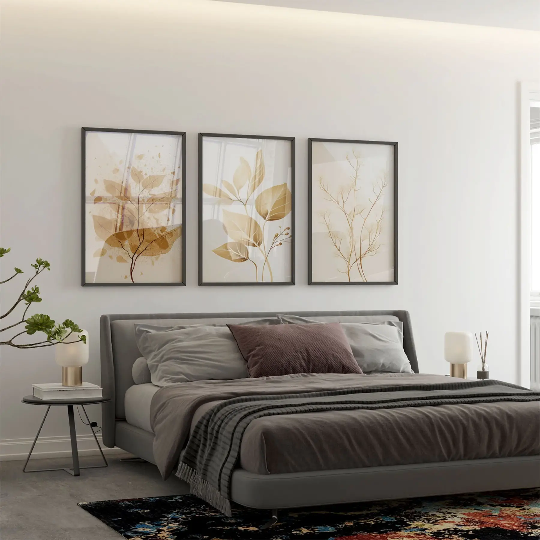 Kahverengi Dallar Temalı Üçlü Metal Çerçeveli Tablo Seti