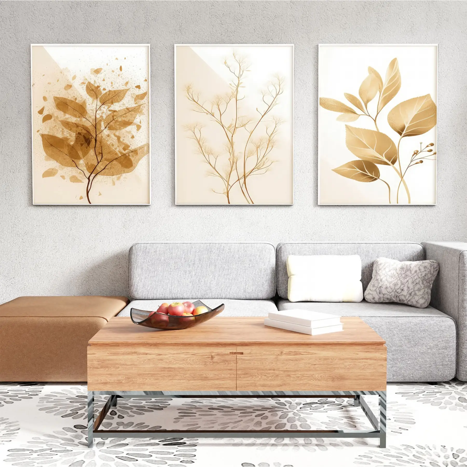 Kahverengi Dallar Temalı Üçlü Metal Çerçeveli Tablo Seti
