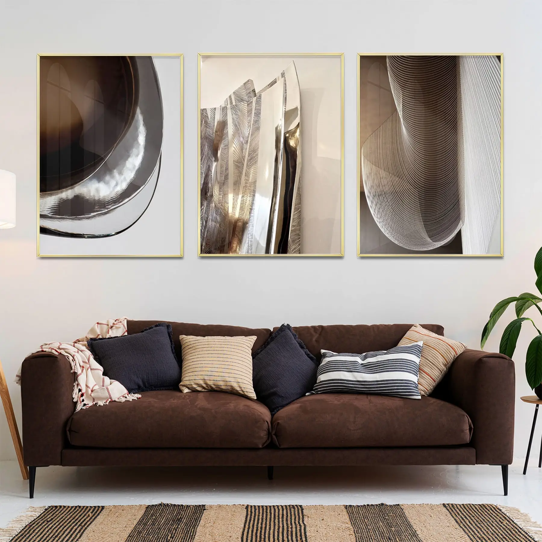 Kahverengi ve Krem Detaylı Üçlü Metal Çerçeveli Tablo Seti
