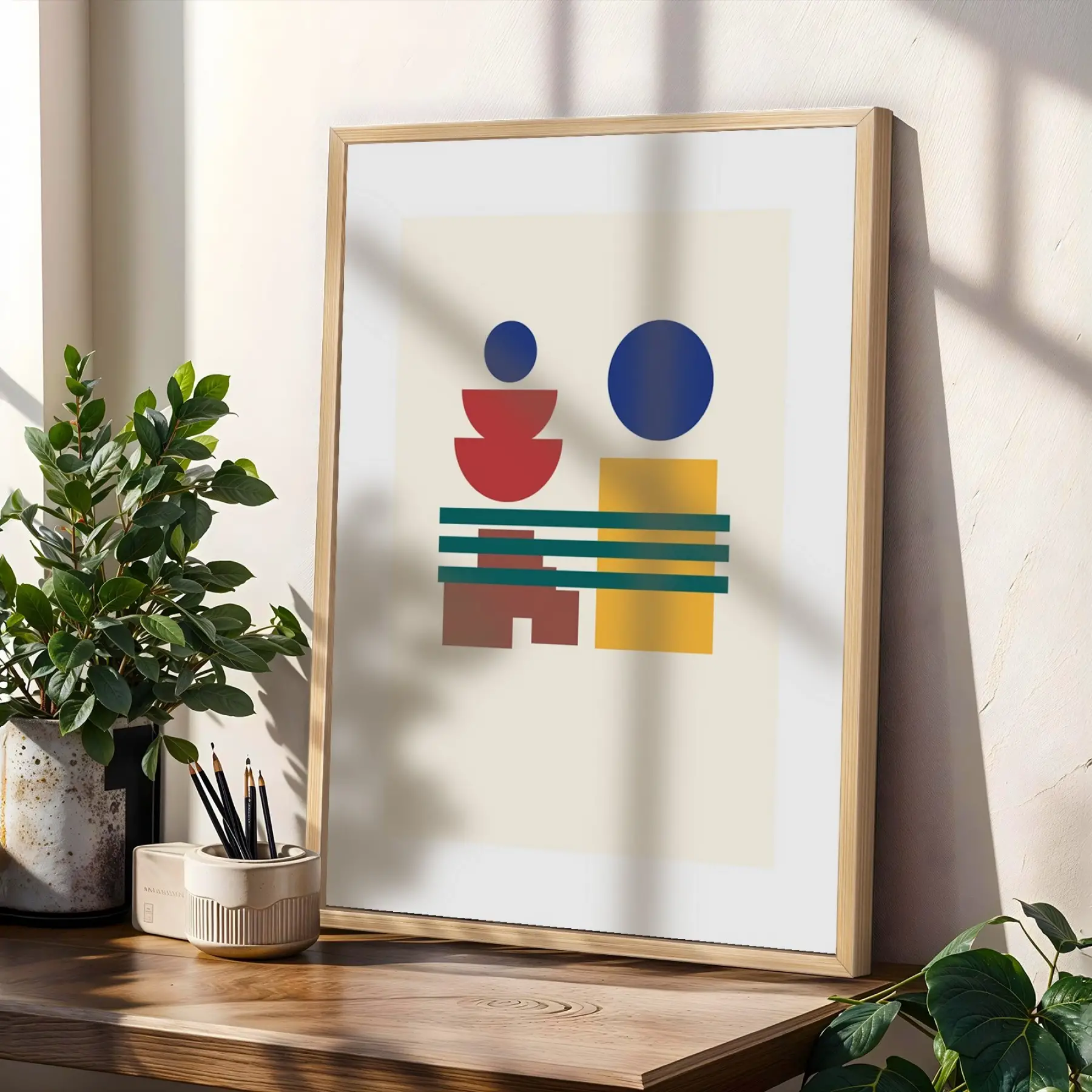 Bauhaus Geometrik Canlılık Doğal Ahşap Çerçeveli 3lü Tablo Seti