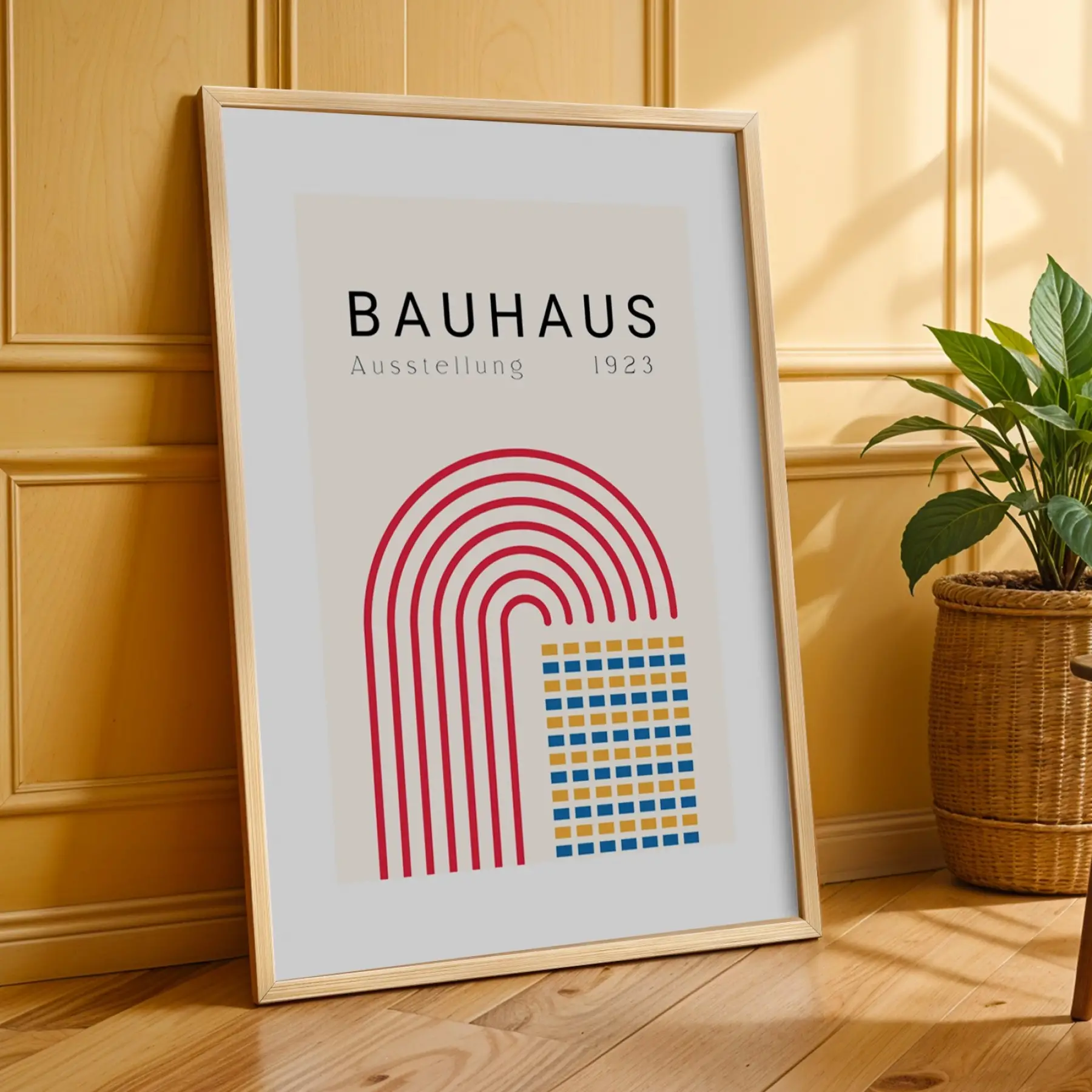 Bauhaus Geometrik Canlılık Doğal Ahşap Çerçeveli 3lü Tablo Seti