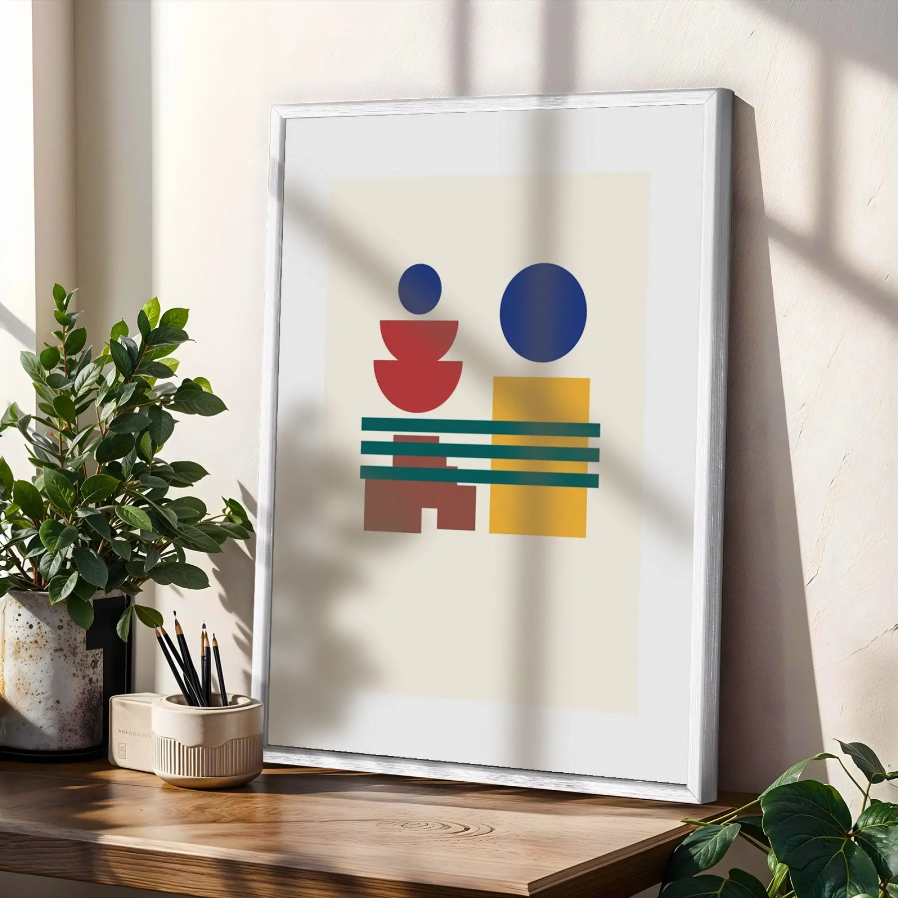 Bauhaus Geometrik Canlılık Beyaz Çerçeveli 3lü Ahşap Tablo Seti