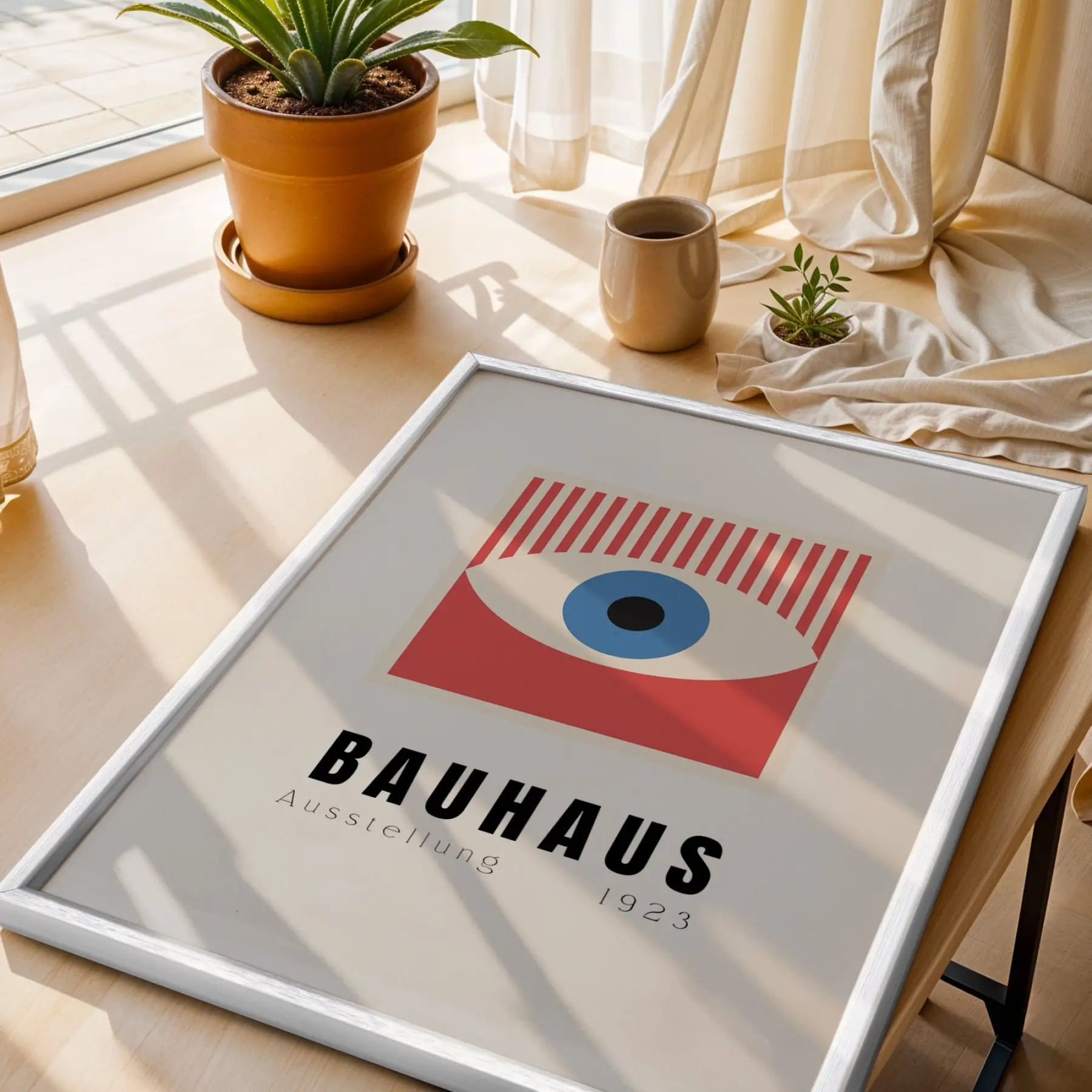 Bauhaus Geometrik Canlılık Beyaz Çerçeveli 3lü Ahşap Tablo Seti