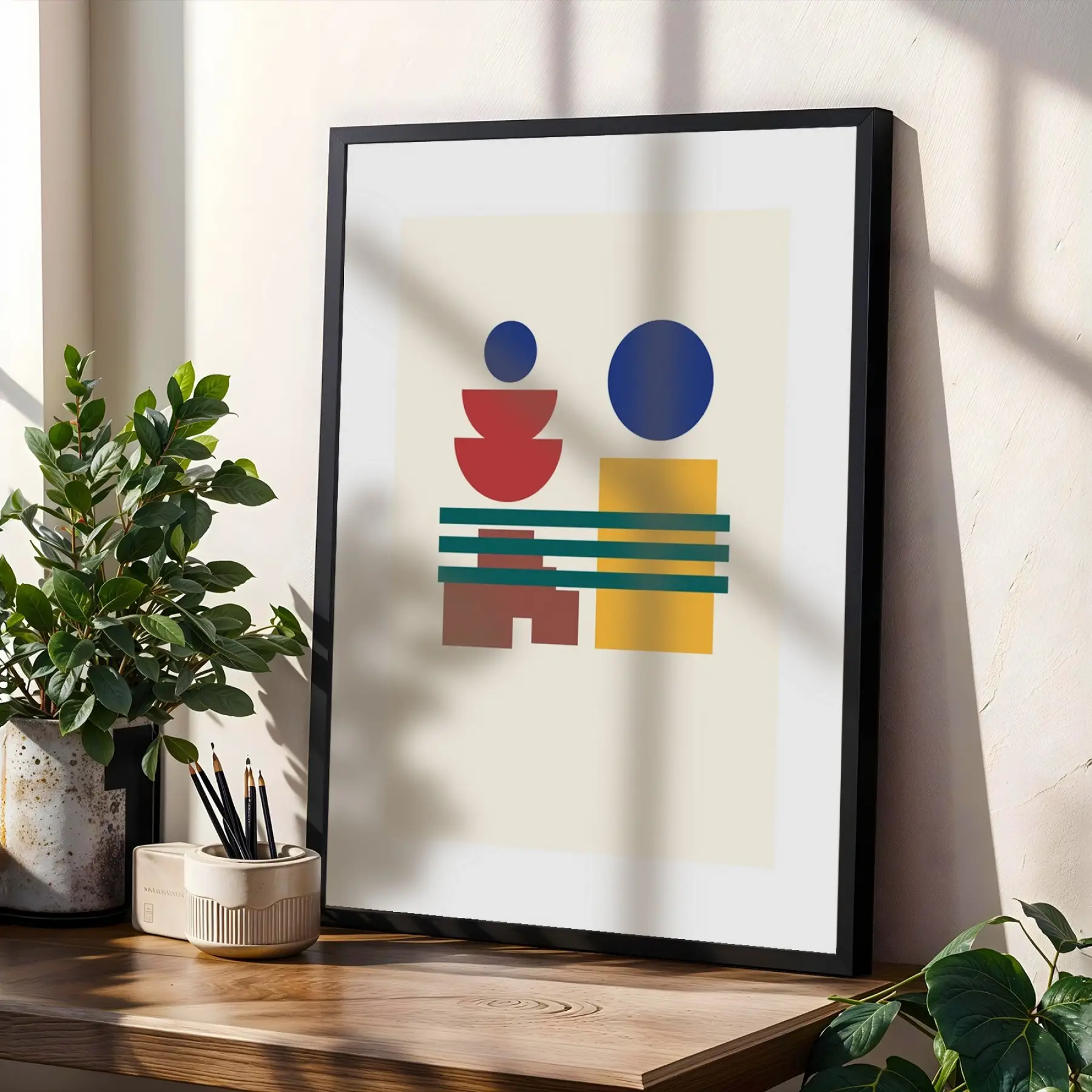 Bauhaus Geometrik Canlılık Siyah Çerçeveli 3lü Ahşap Tablo Seti
