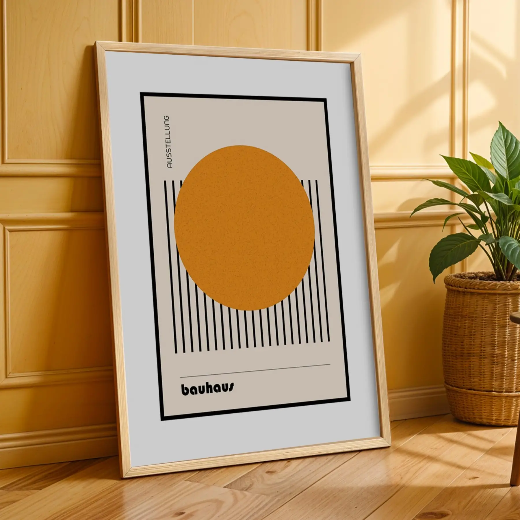 Bauhaus Geometrik Soyutlama Doğal Ahşap Çerçeveli 3lü Tablo Seti