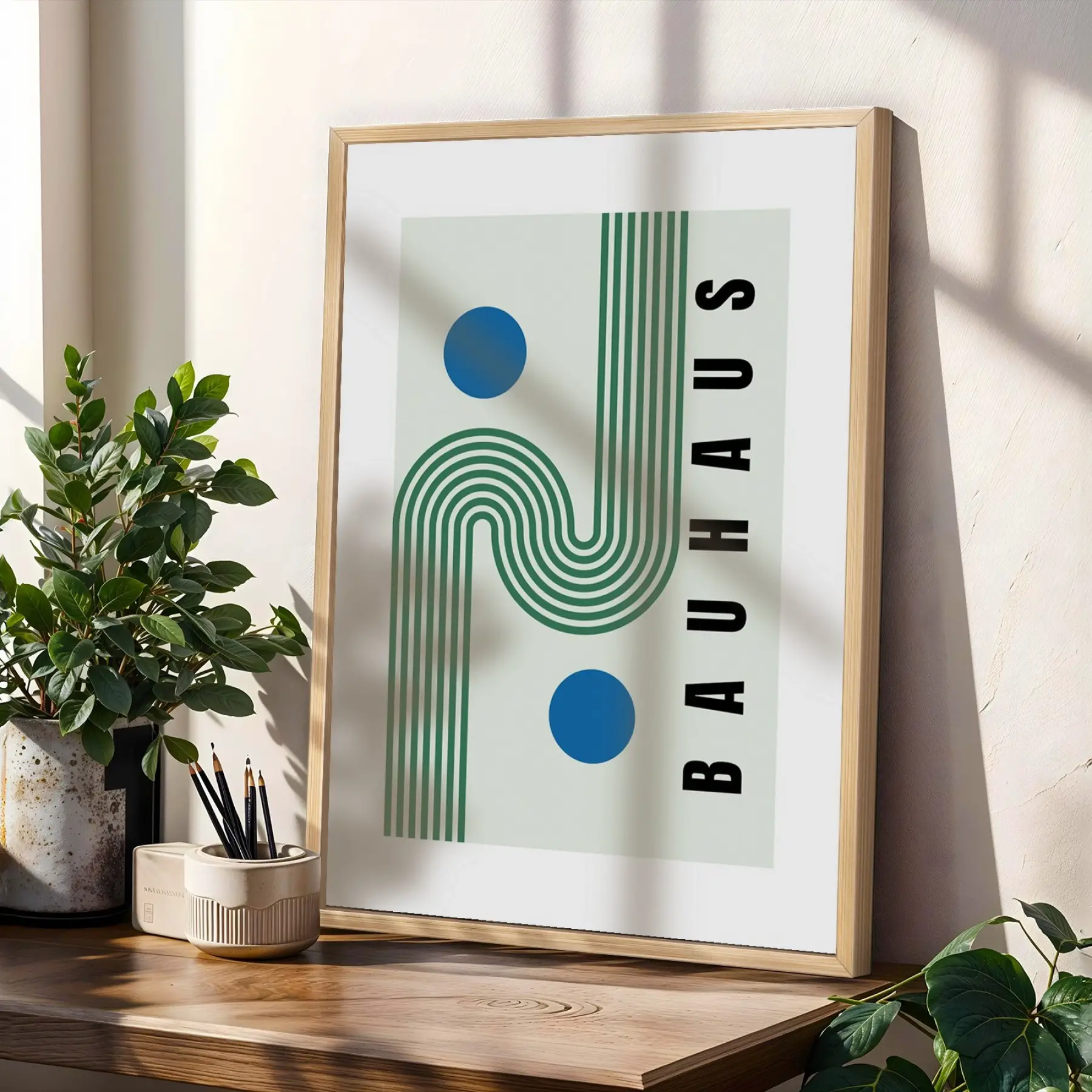 Bauhaus Geometrik Soyutlama Doğal Ahşap Çerçeveli 3lü Tablo Seti