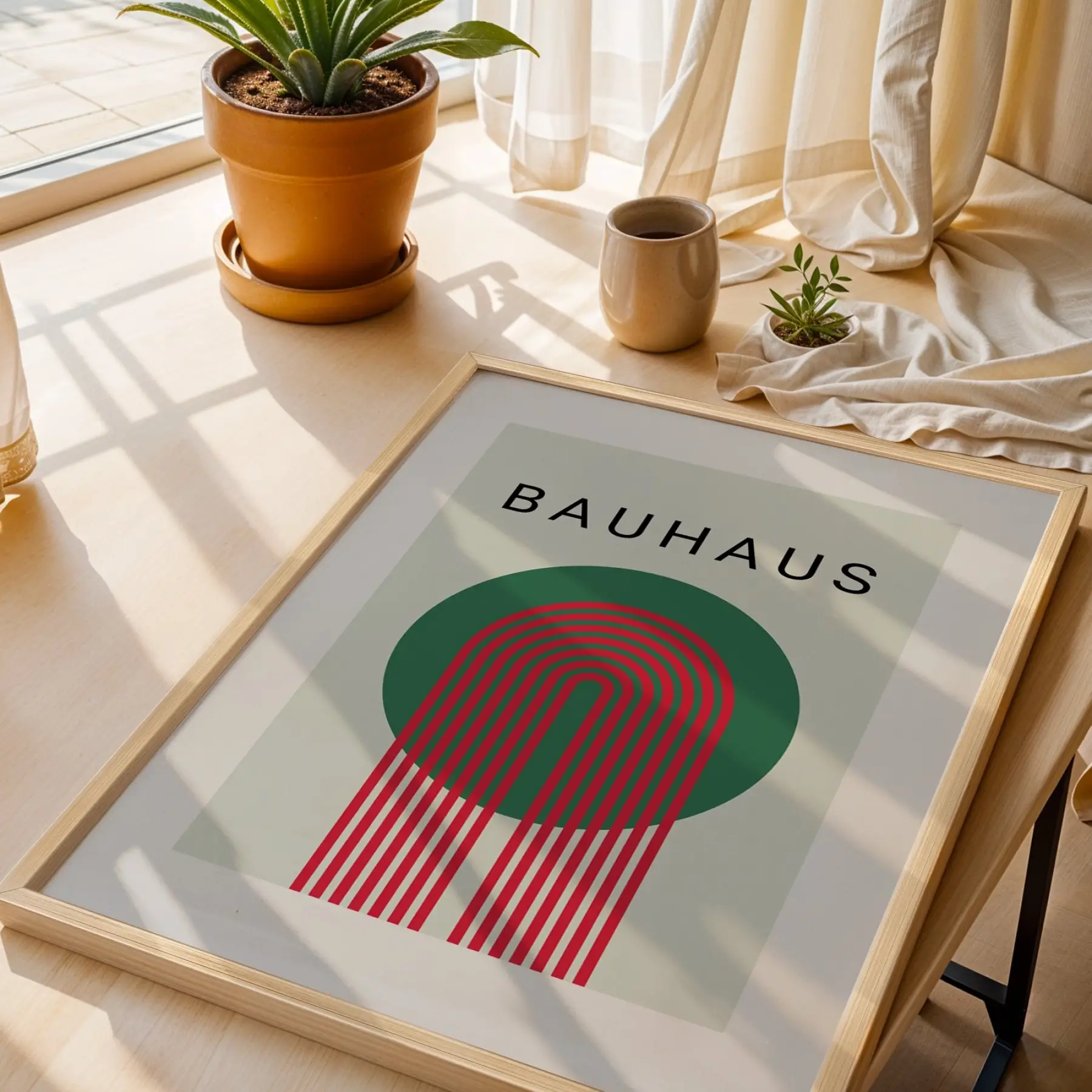 Bauhaus Geometrik Soyutlama Doğal Ahşap Çerçeveli 3lü Tablo Seti