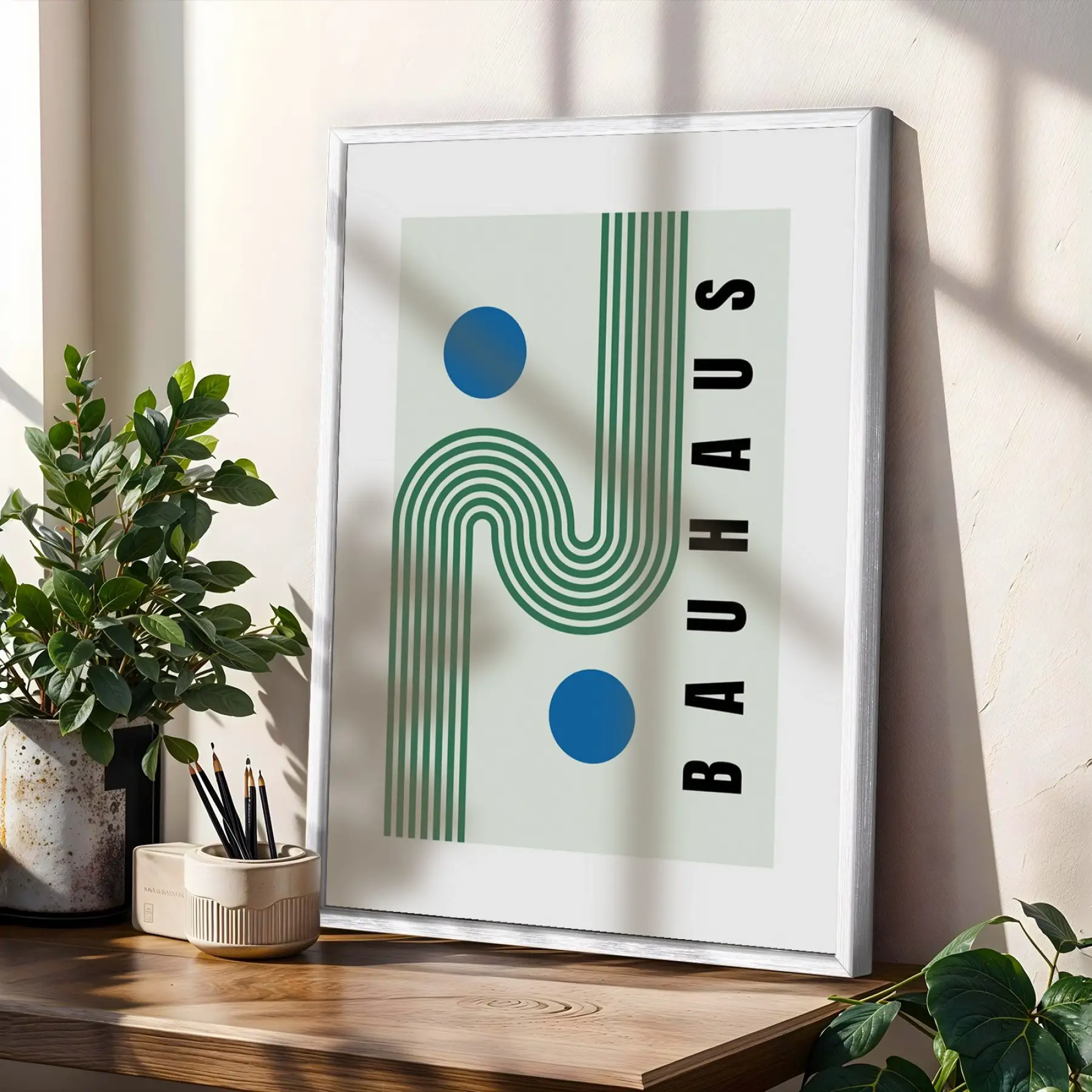 Bauhaus Geometrik Soyutlama Beyaz Çerçeveli 3lü Ahşap Tablo Seti