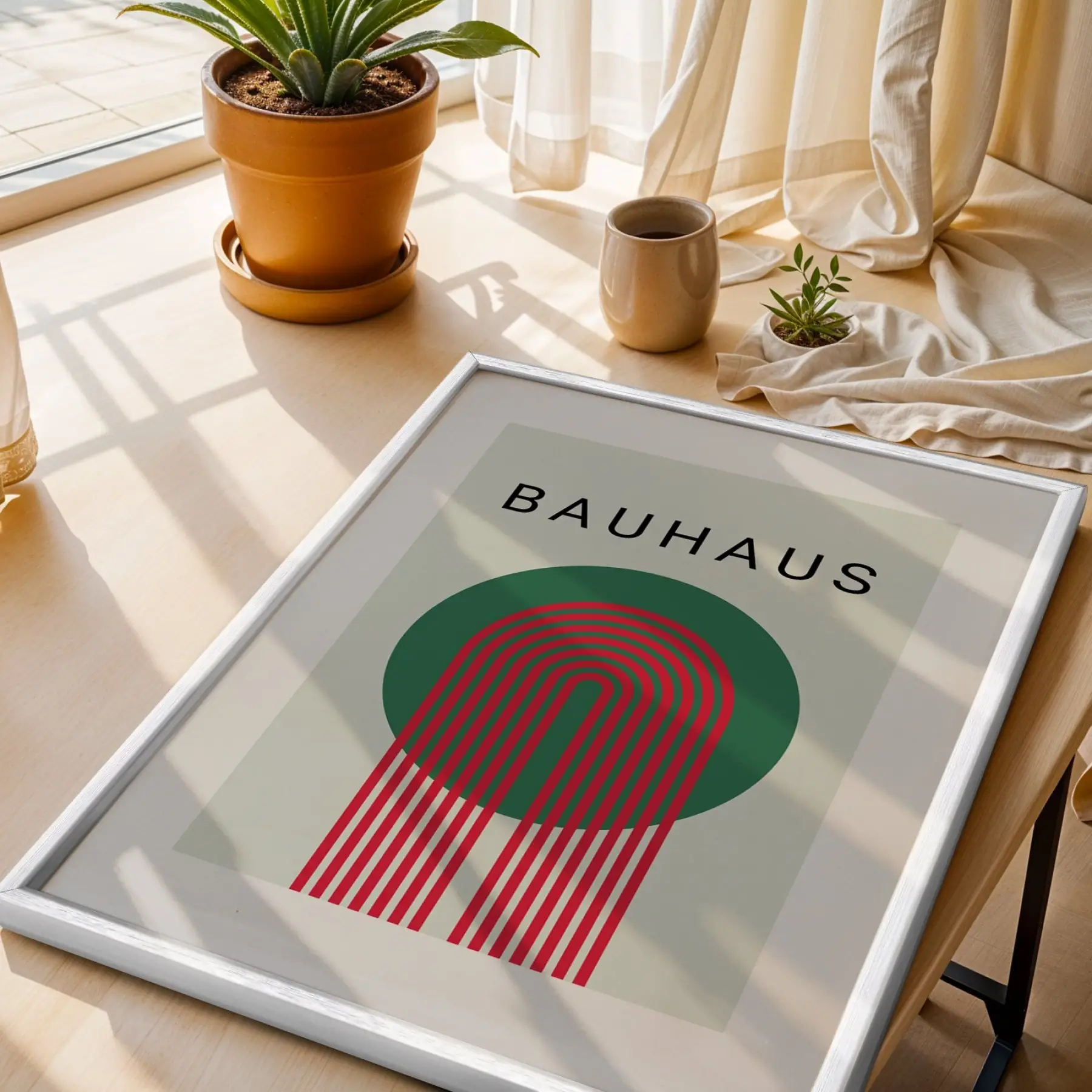 Bauhaus Geometrik Soyutlama Beyaz Çerçeveli 3lü Ahşap Tablo Seti