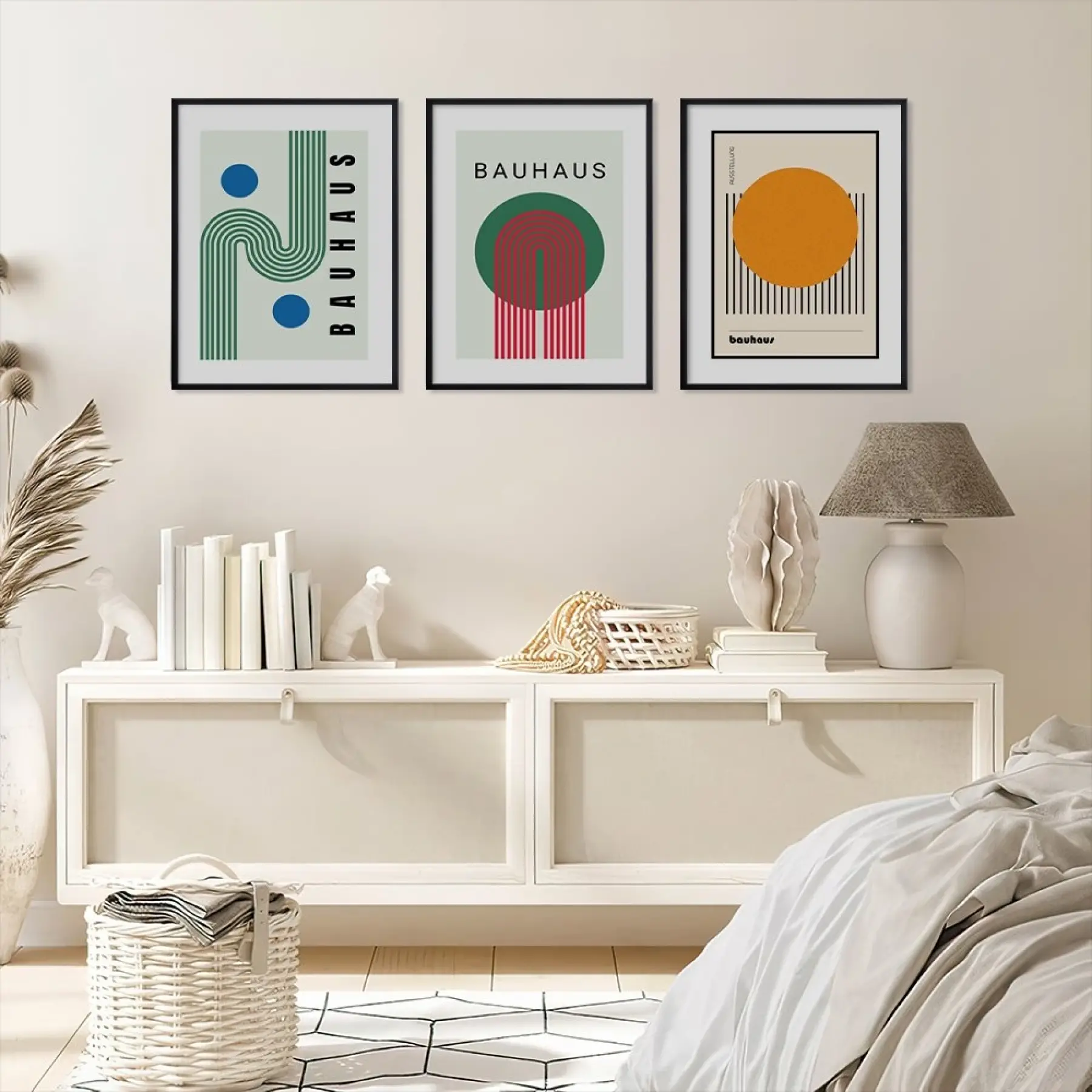Bauhaus Geometrik Soyutlama Siyah Çerçeveli 3lü Ahşap Tablo Seti