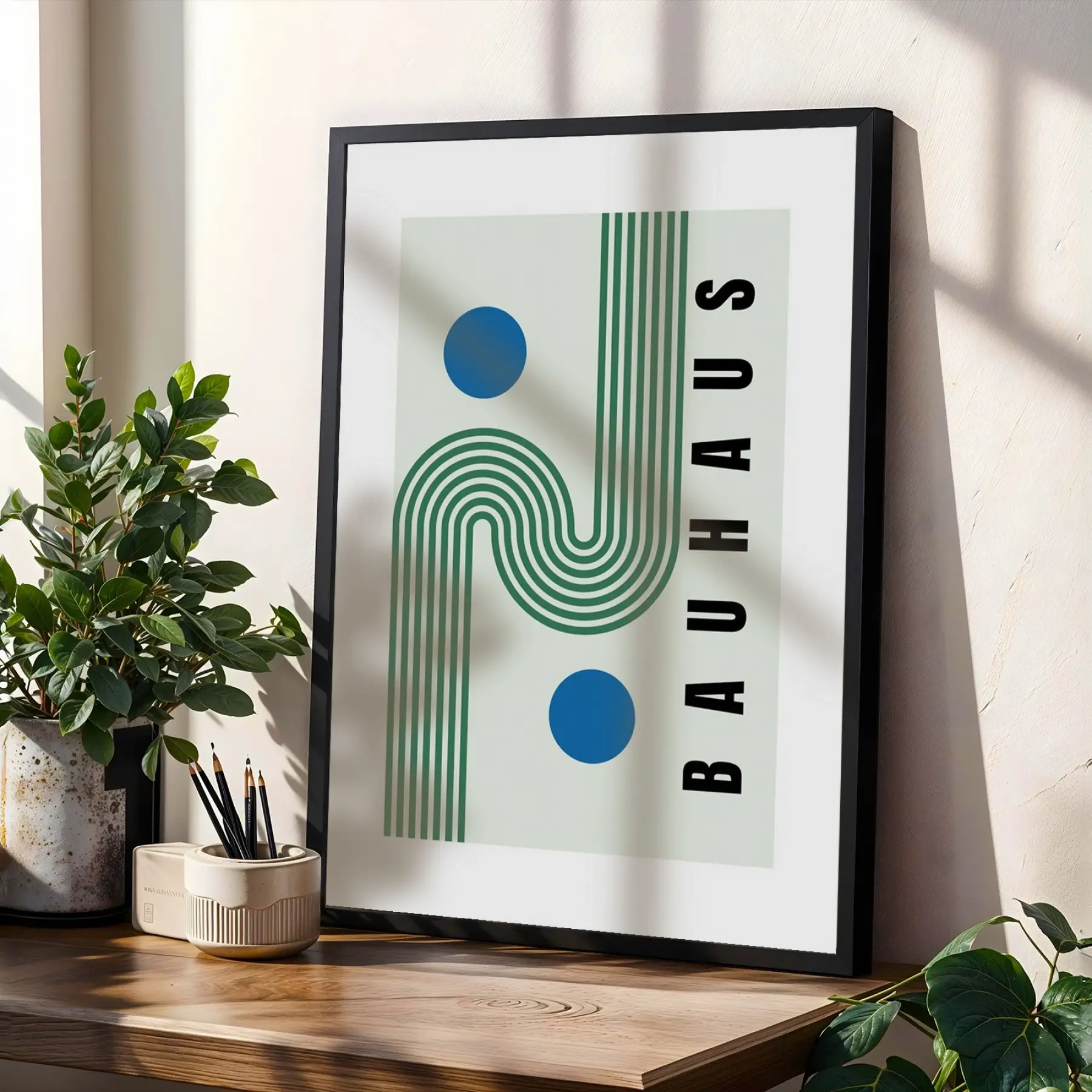 Bauhaus Geometrik Soyutlama Siyah Çerçeveli 3lü Ahşap Tablo Seti