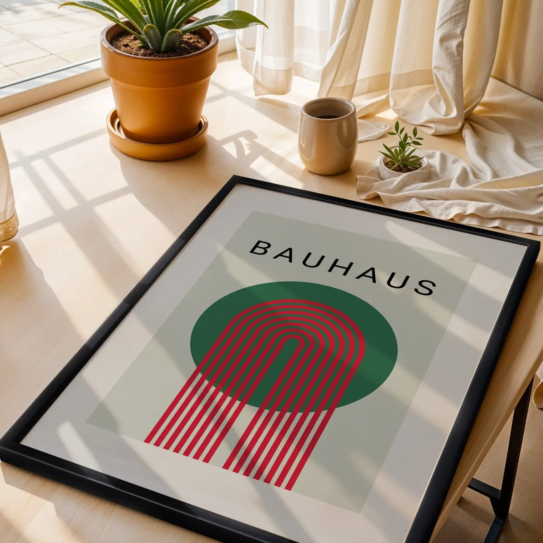 Bauhaus Geometrik Soyutlama Siyah Çerçeveli 3lü Ahşap Tablo Seti