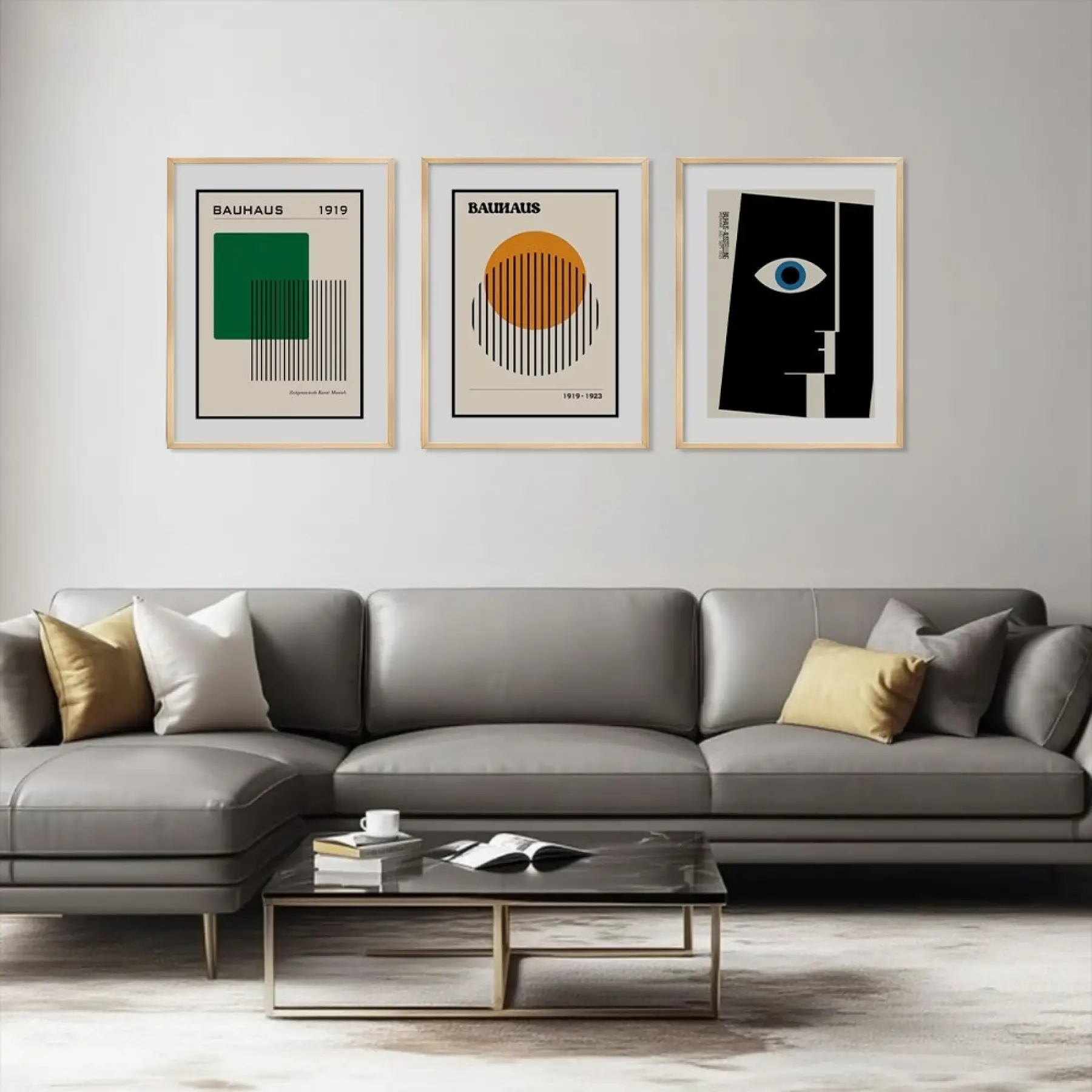 Bauhaus Geometrik Figürler Doğal Ahşap Çerçeveli 3lü Tablo Seti