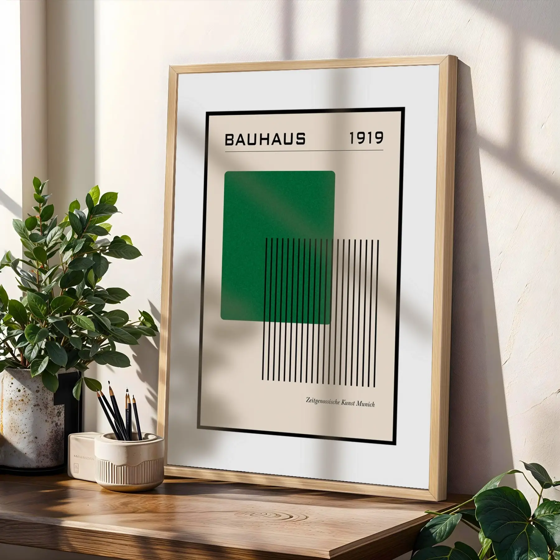 Bauhaus Geometrik Figürler Doğal Ahşap Çerçeveli 3lü Tablo Seti