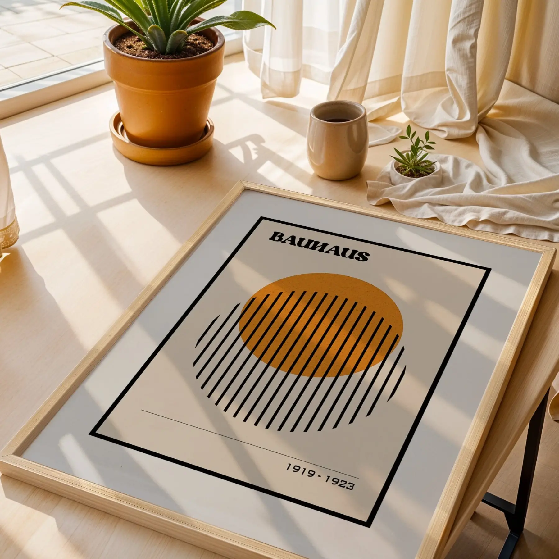 Bauhaus Geometrik Figürler Doğal Ahşap Çerçeveli 3lü Tablo Seti