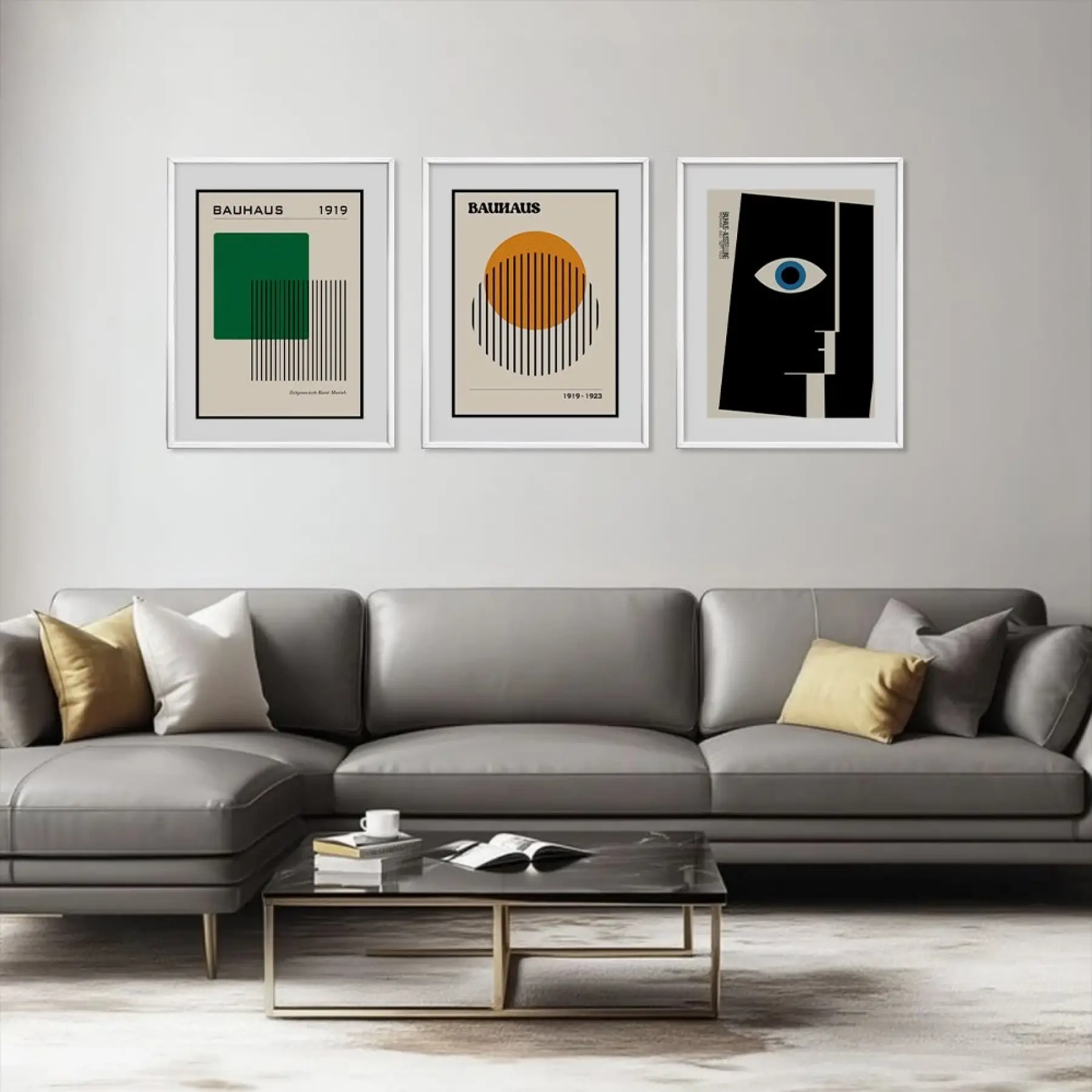 Bauhaus Geometrik Figürler Beyaz Çerçeveli 3lü Ahşap Tablo Seti
