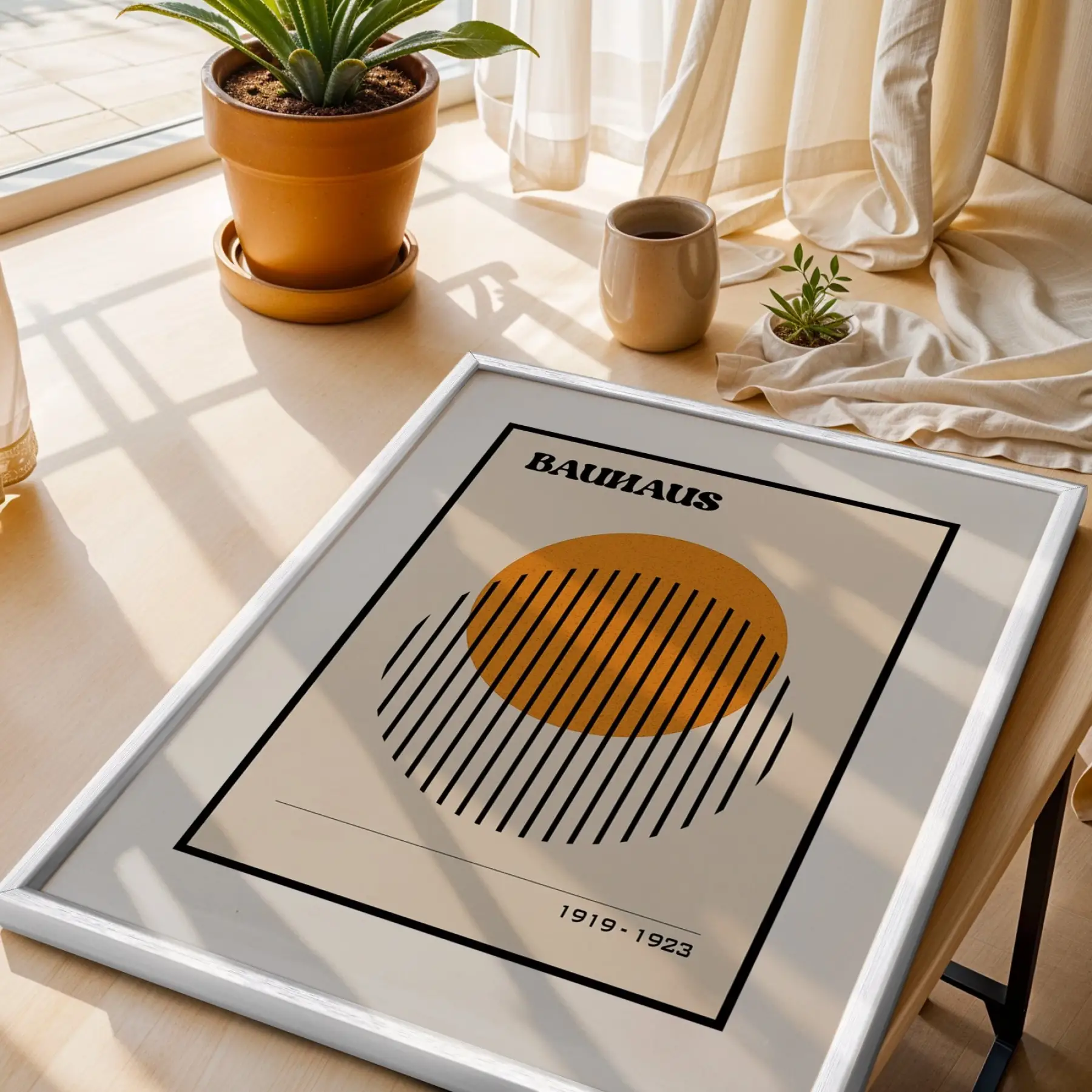 Bauhaus Geometrik Figürler Beyaz Çerçeveli 3lü Ahşap Tablo Seti