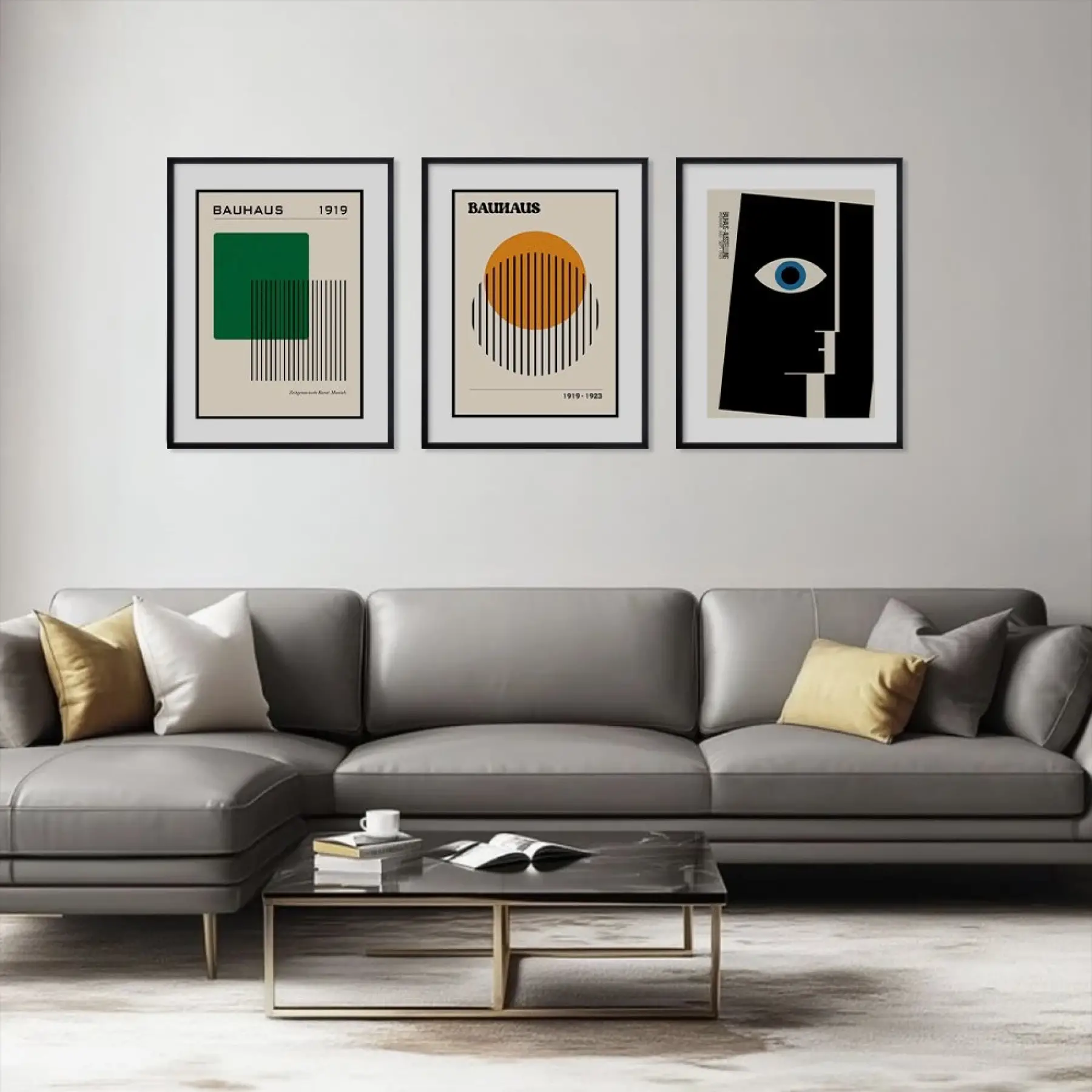 Bauhaus Geometrik Figürler Siyah Çerçeveli 3lü Ahşap Tablo Seti