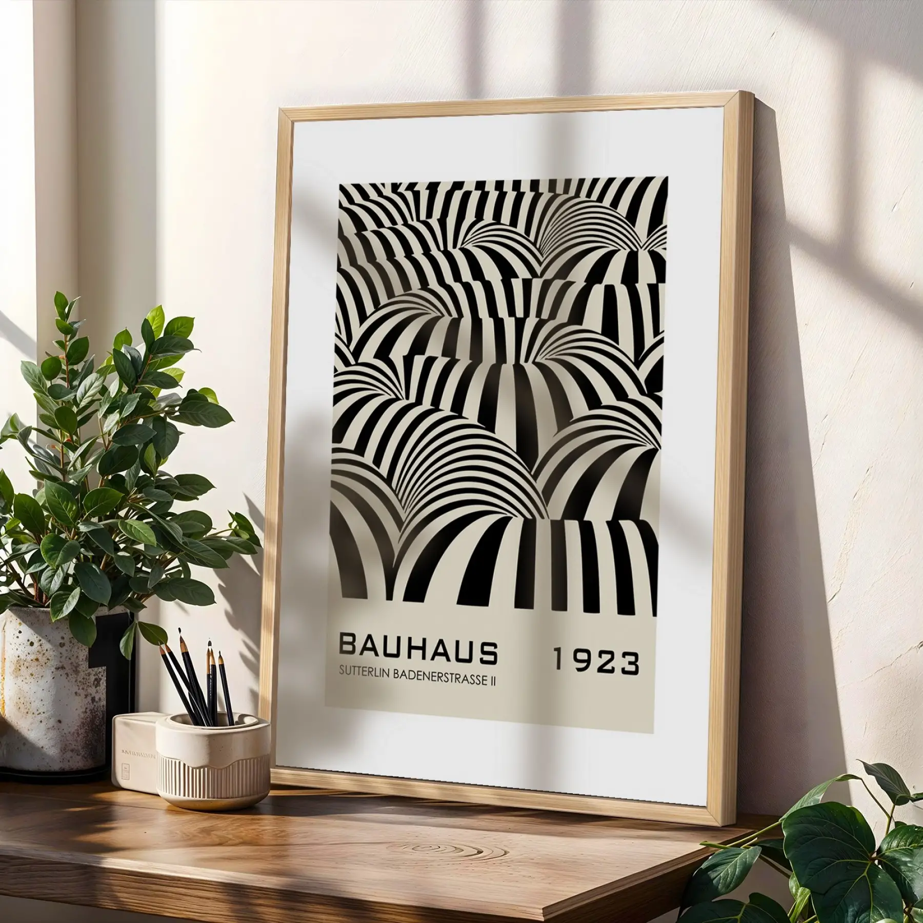 Bauhaus Geometrik Düzen Doğal Ahşap Çerçeveli 3lü Tablo Seti