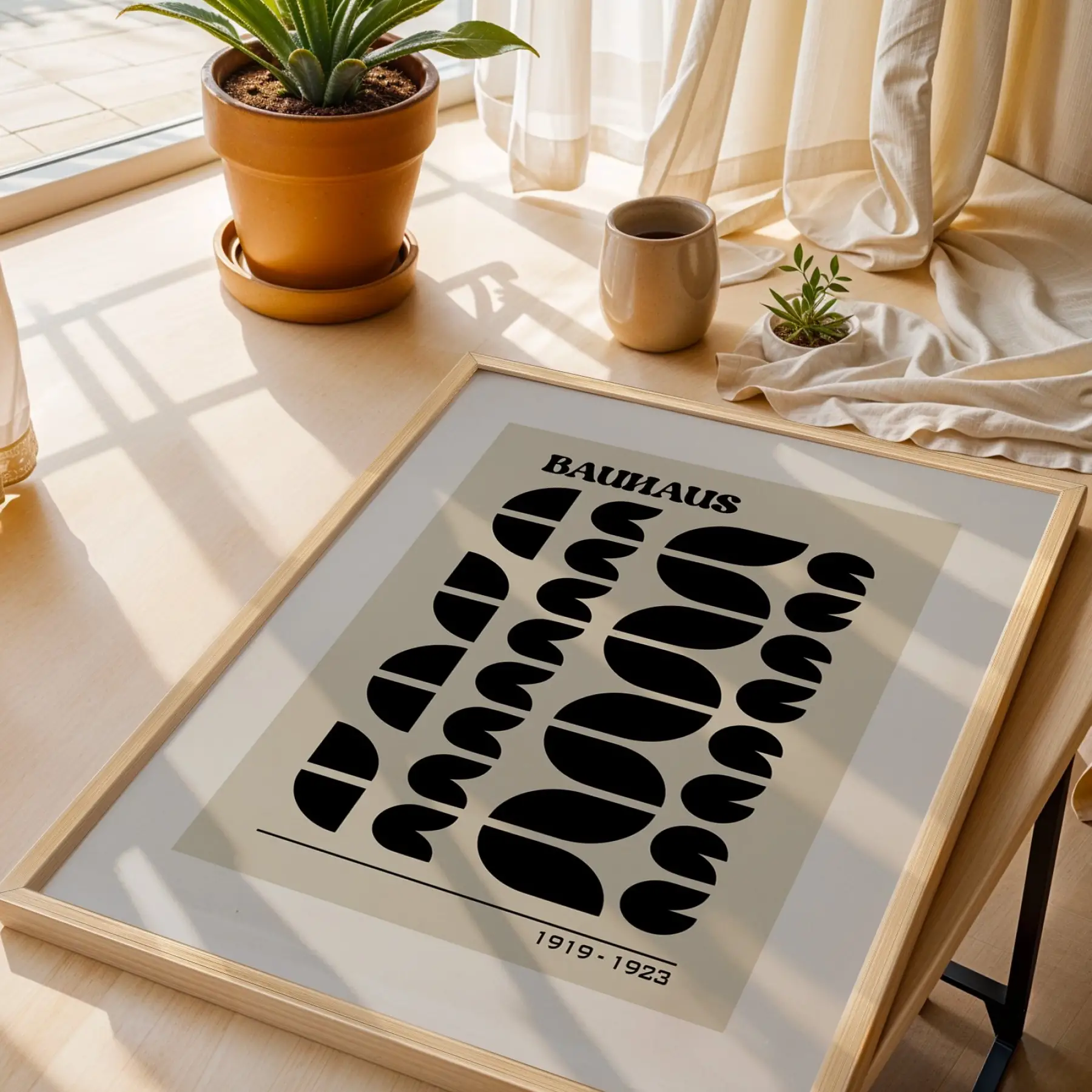 Bauhaus Geometrik Düzen Doğal Ahşap Çerçeveli 3lü Tablo Seti