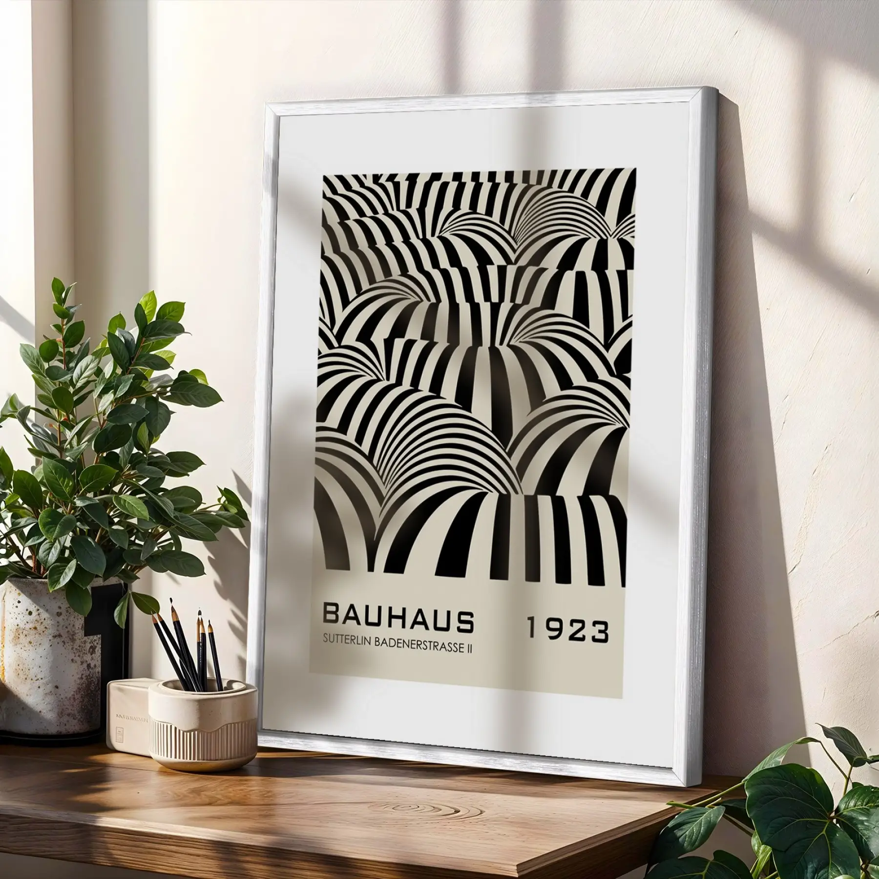 Bauhaus Geometrik Düzen Beyaz Çerçeveli 3lü Ahşap Tablo Seti